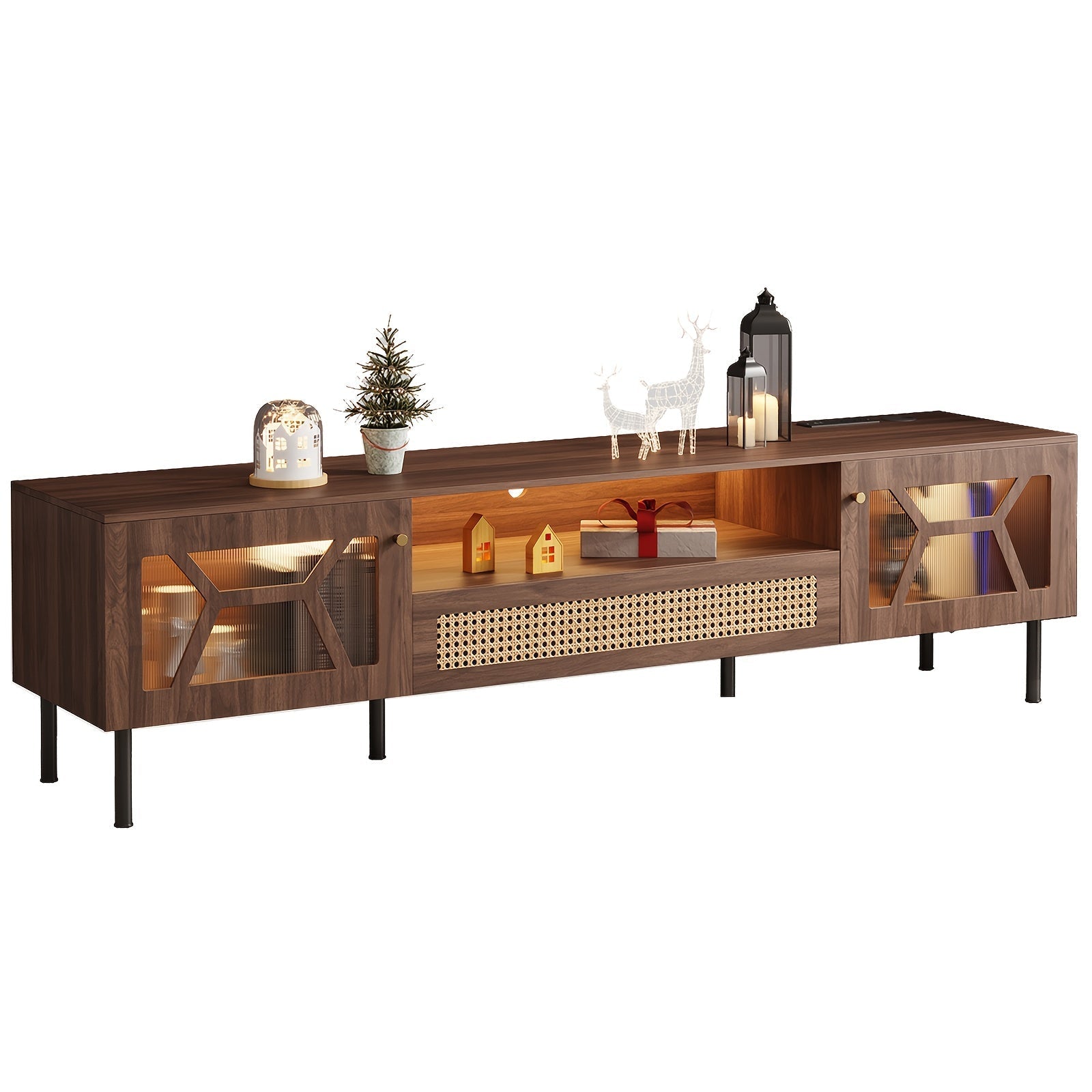 190cm TV Stand, Entertainment Center TV Stand, Acrylic Hollow Doors TV Stand For Living Room Bedroom, Walnut/Oak Color