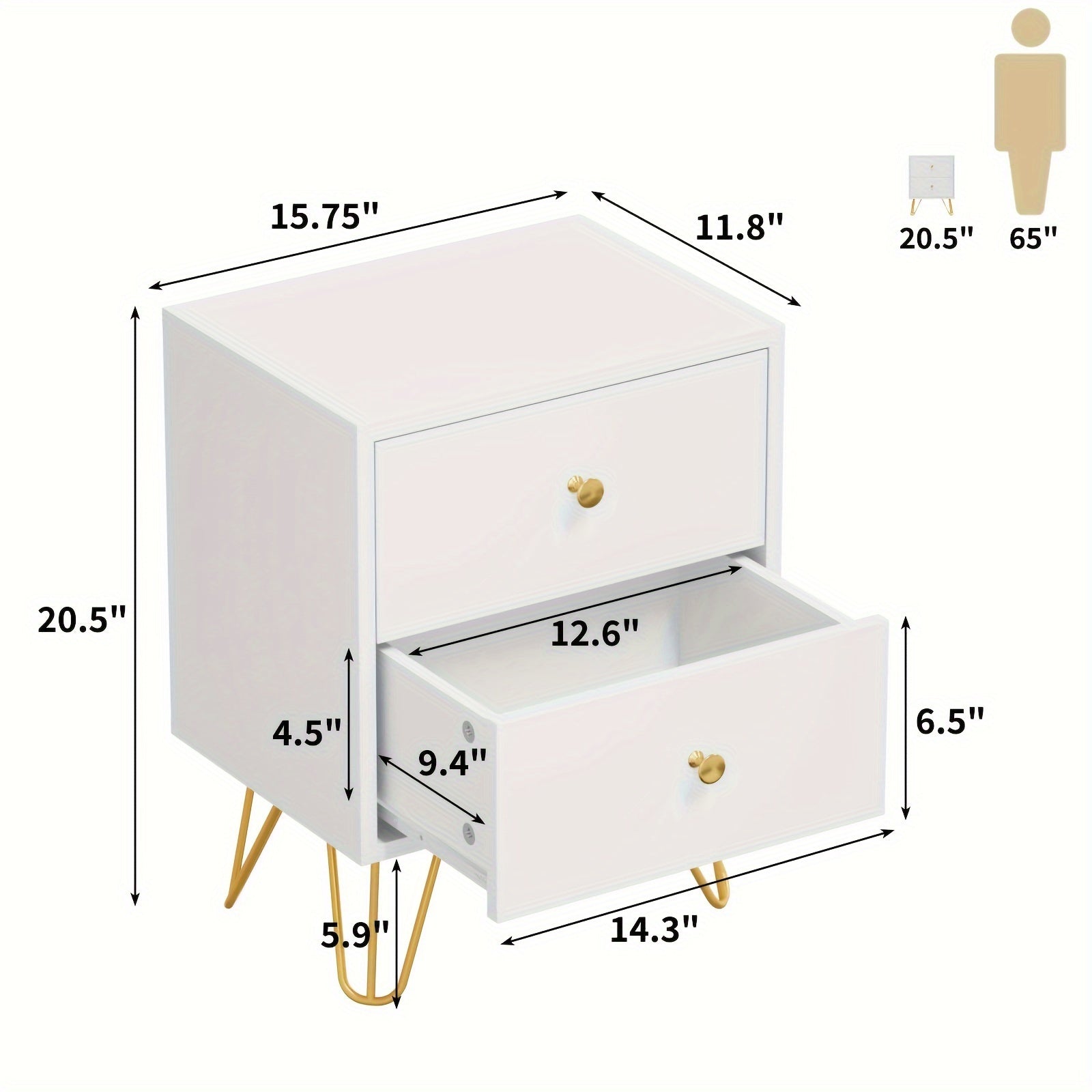 Set of 2 White Nightstands with Golden Metal Legs - Contemporary Double Drawer Bedside Tables, Lockable, 3.2+ Cubic Ft Storage, for Stylish Bedroom & Living Room Decor, Bedroom Decor And Accessories