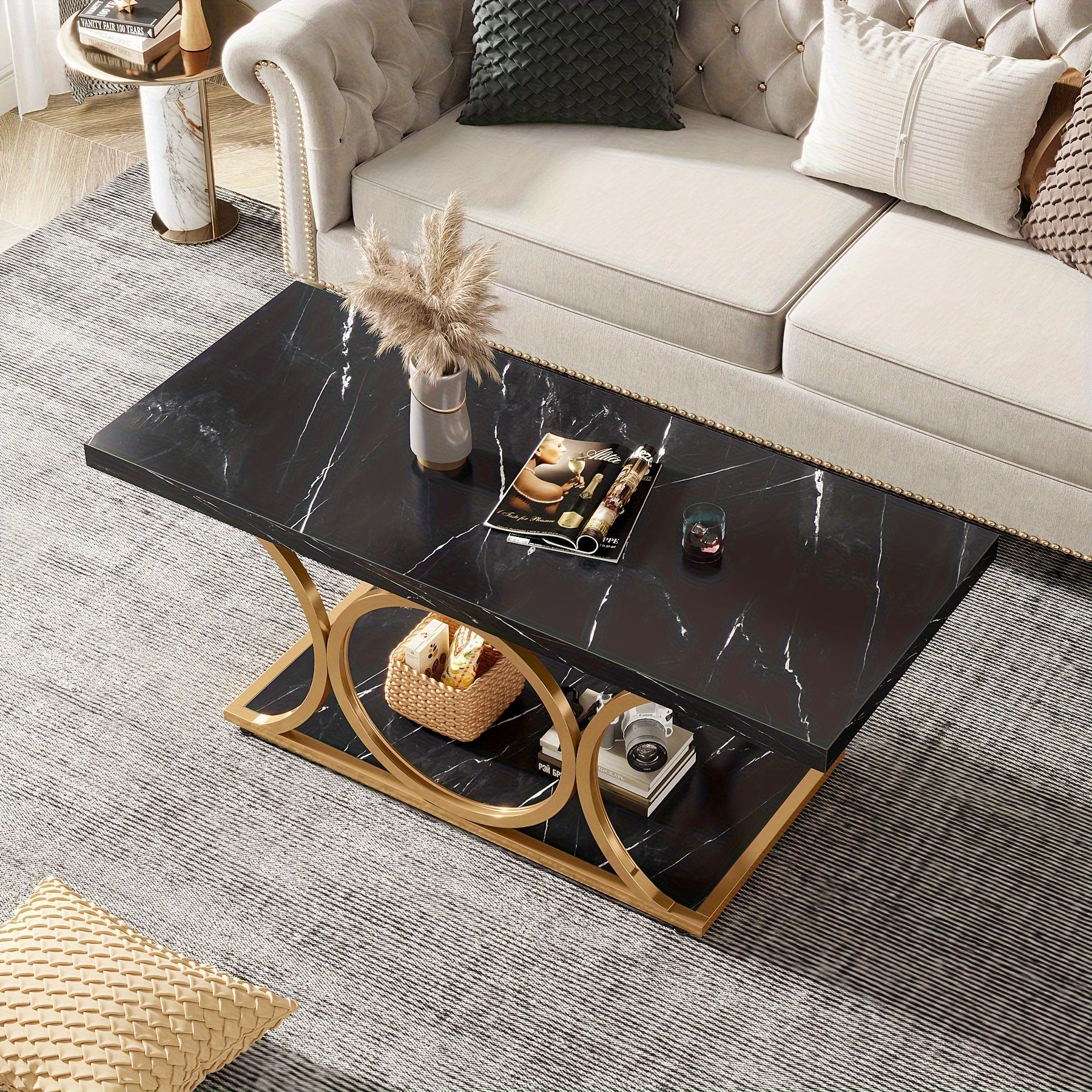 120cm Rectangle Coffee Table, 2-Tier Modern Faux Marble Wood Table With Geometric Metal Legs, Living Room Furniture With Storage Shelf