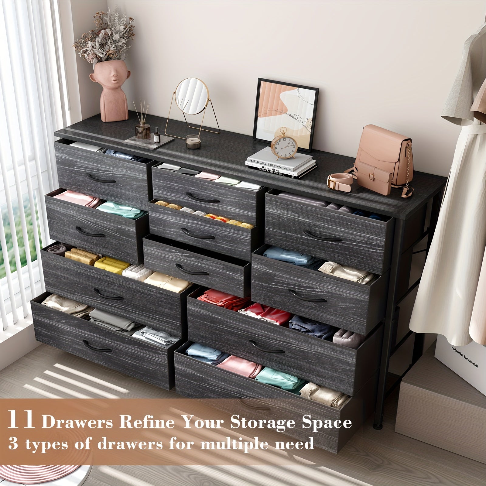 1pc 11 Drawers Dresser For Bedroom, Wide Dressers & Chests Of Drawers With Wood Top, Fabric Storage Dresser, TV Stand, Bedroom Living Room Entry Closet Storage Drawer Units