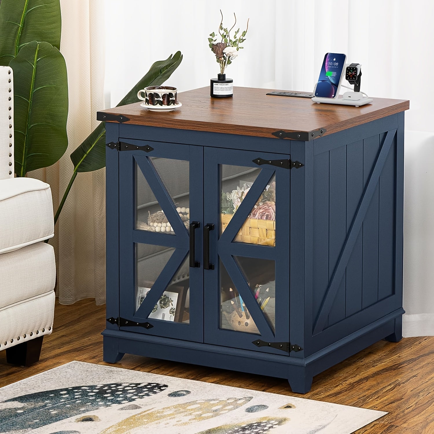 Farmhouse End Table, 60cm Large Sofa Side Table With Charging Station Glass Barn Door, Wood Nightstand With Adjustable Storage Shelf, Square Bedside Table For Living Room, Bedroom, Office-Blue