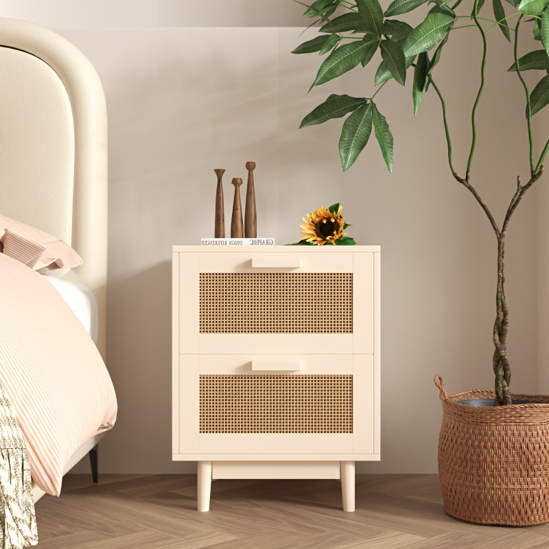 Rattan Nightstand, Wood End Table, Side Table with 2 Faux Rattan-Decorated Drawers, Bedside Table, Wood Accent Table with Storage for Livingroom, Bedroom