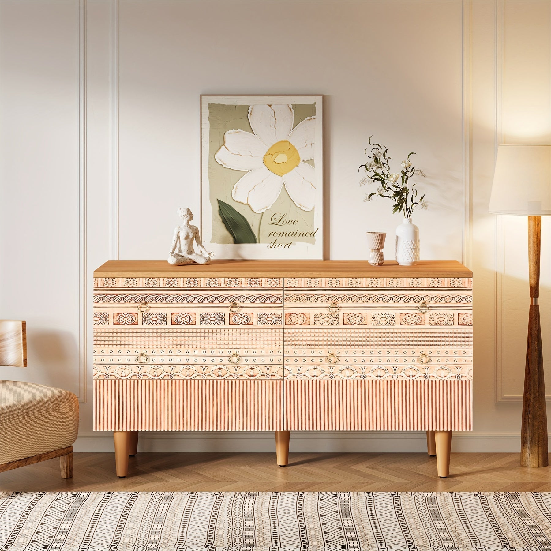 120cm Boho Accent Dresser, Double Wide Chest Of Drawers With 6 Carved Drawers, 6-Drawer Dresser Wooden Storage Dresser With Golden Metal Handles & Legs For Bedroom, Living Room