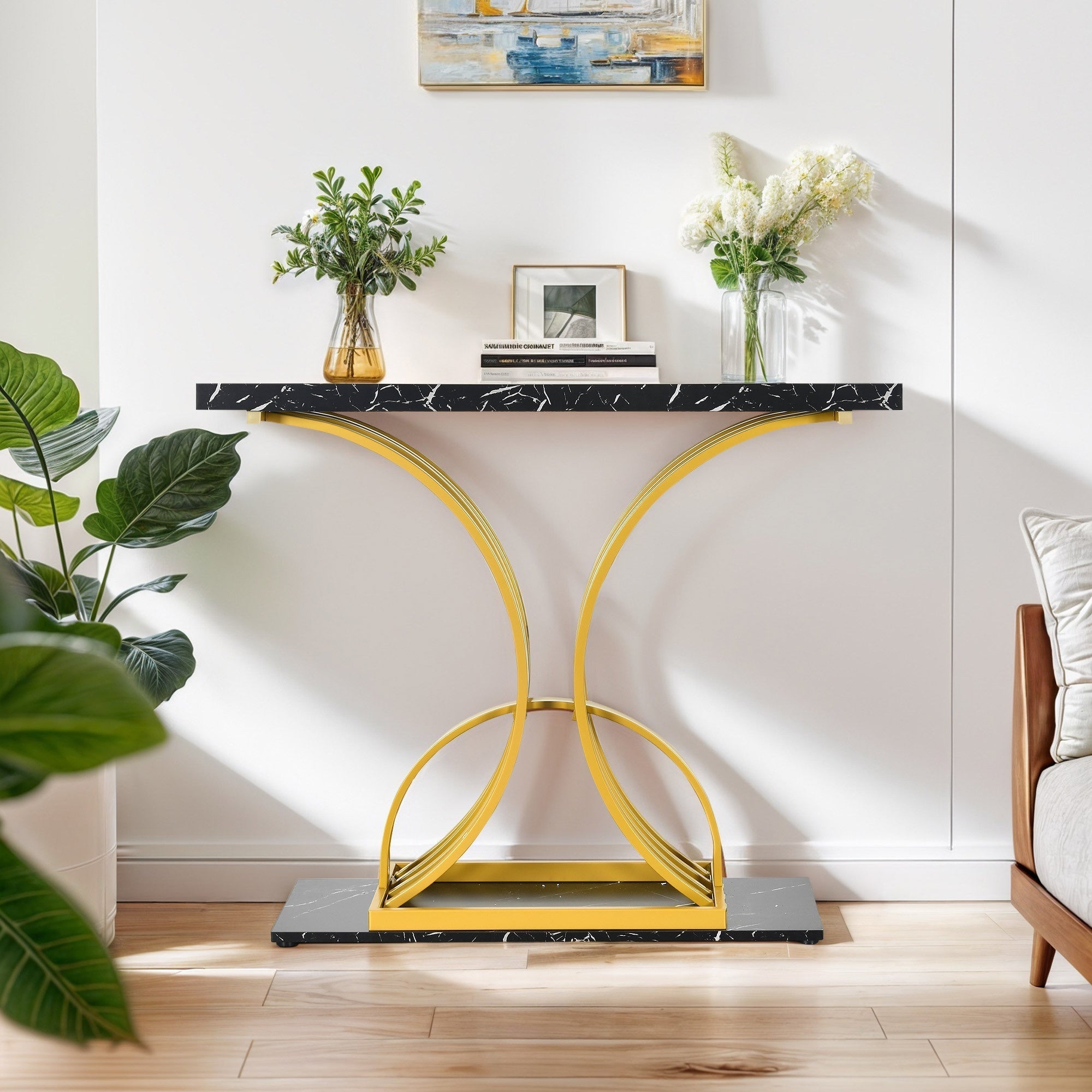 Modern Faux Marble Accent Console Table with Gold Metal Legs for Entryway Sofa - Perfect Halloween and Christmas Gift