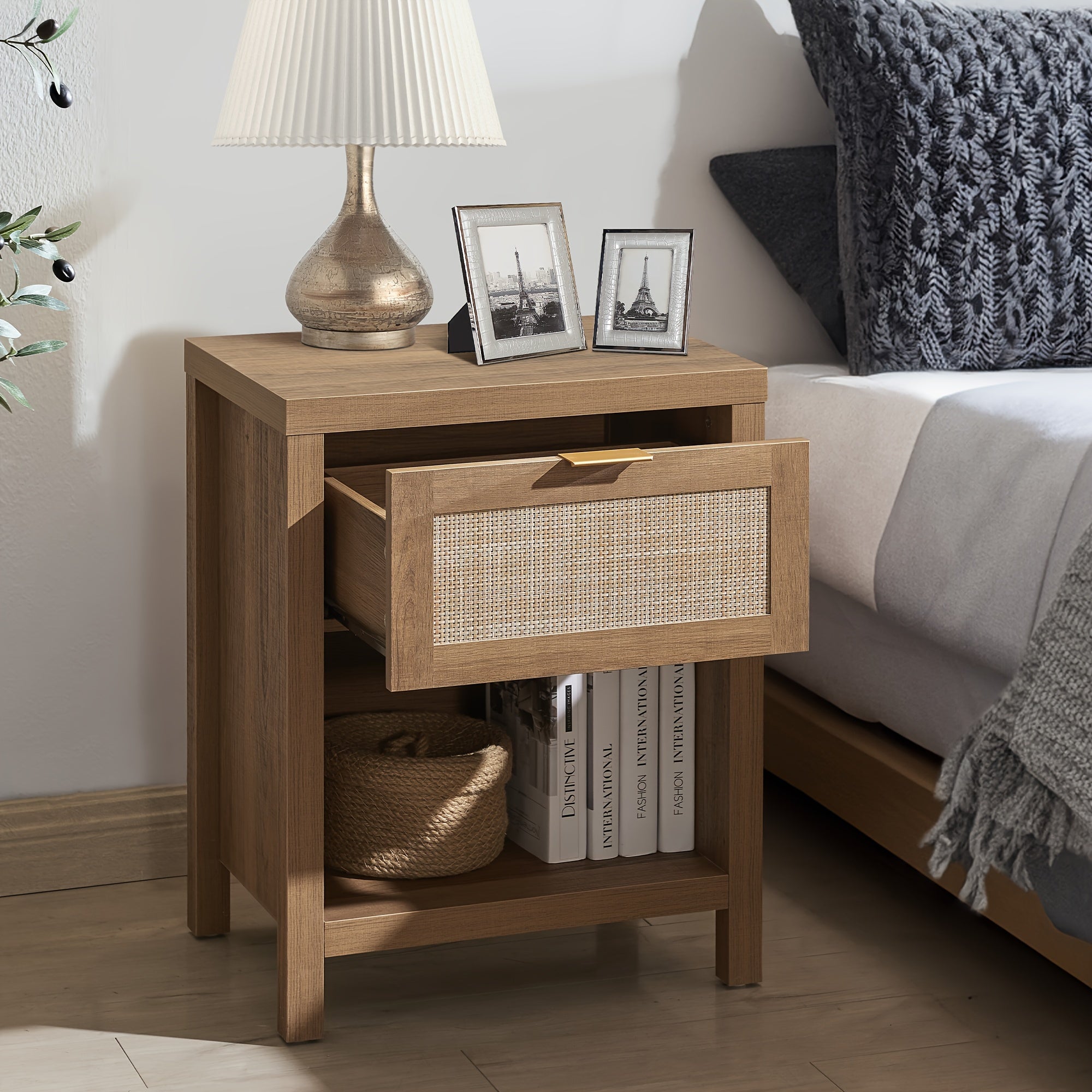 Nightstand, Bedside Table With Rattan Decor Drawer, Open Shelf Side Table, Night Stand For Bedroom, Living Room, Natural