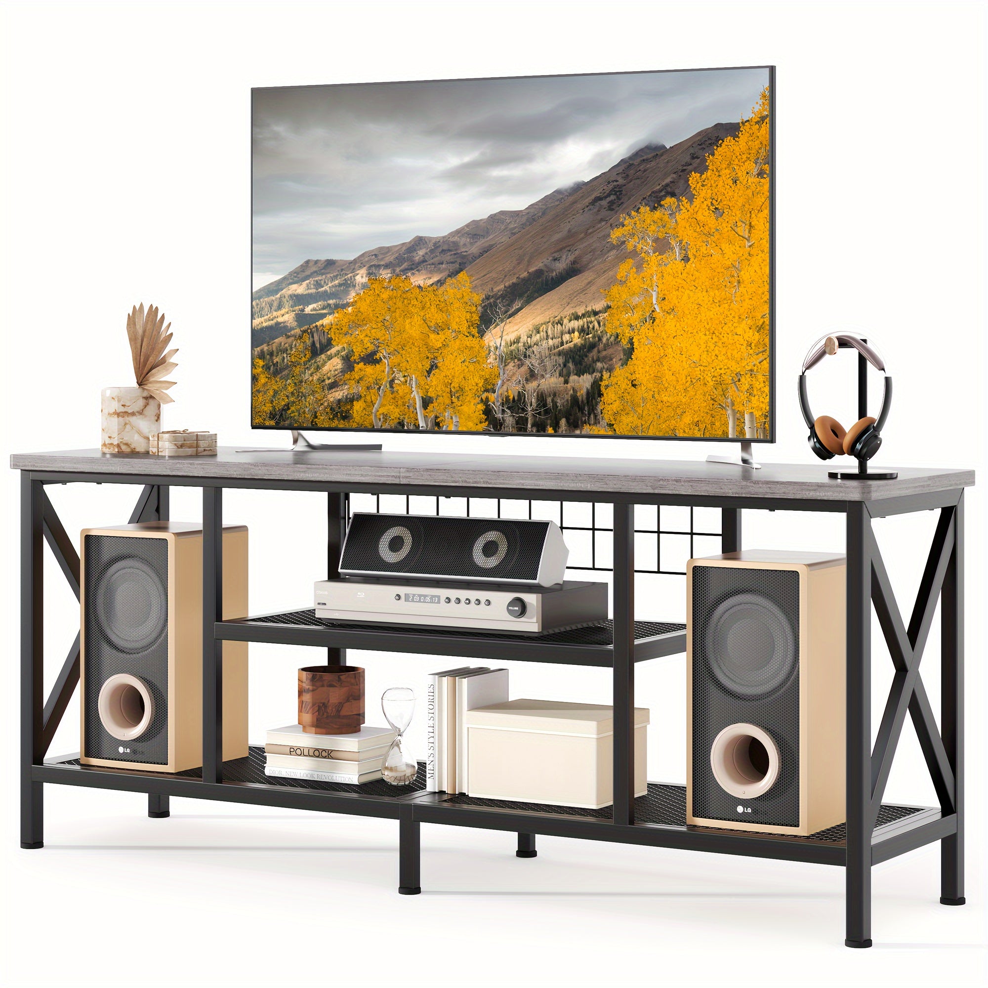 Industrial TV Stand, 152cm Wide, Perfect For 55-65 Inch TVs, 3-Tier Media Entertainment Center With Stylish Open Shelves, Sturdy Metal Frame - Ideal For Living Room, Bedroom, Or Office Use, Gray