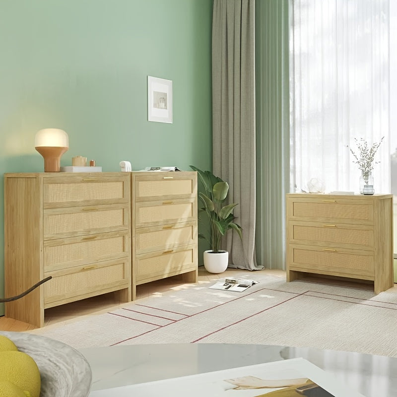 4 Drawer Dresser for Bedroom, Rattan Modern Wooden Dresser Chest with Golden Handles,, Wood Storage Cabinet, Beside Table for Closet, Living Room and Entryway, Natural