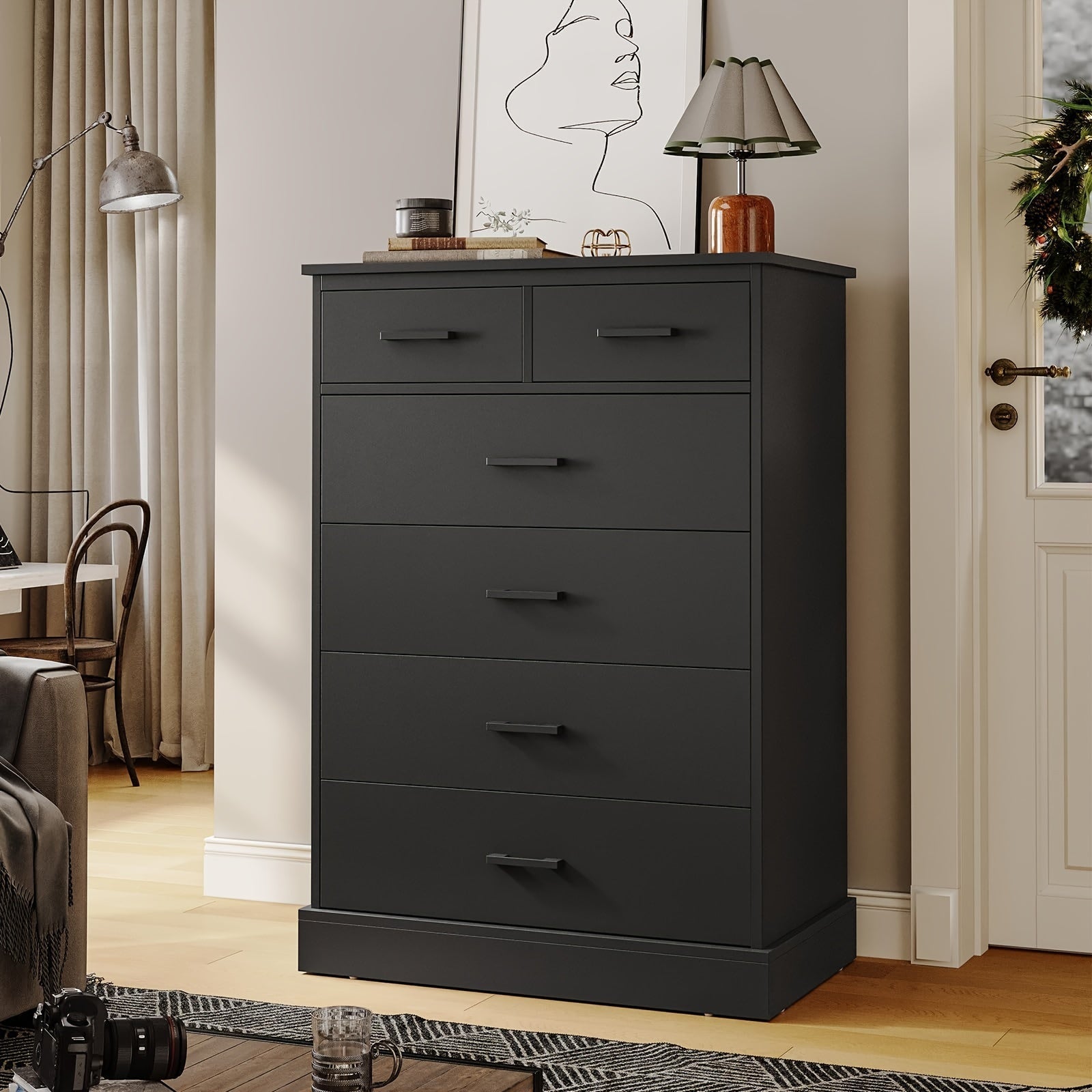 Bedroom Dressing Table, 6 Drawer Chest, Large Capacity Storage Cabinet, Tall Dressing Table For Bedroom, Hallway, Entryway, Black