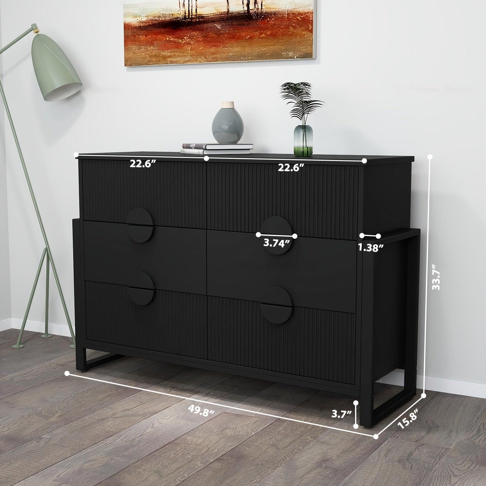 Dresser For Bedroom With 6 Drawers, Wide Chest Of Drawers With Fluted Panel, Storage Organizer Unit With Metal Frame For Closet, Living Room, Hallway, Black