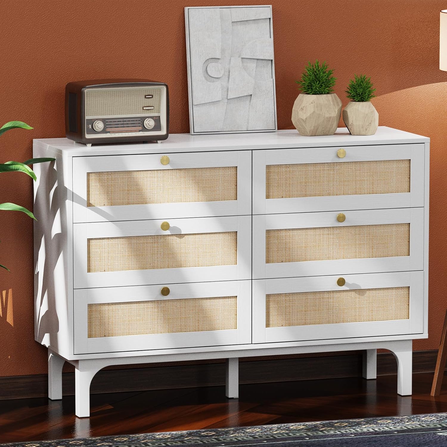 6 Drawer Dresser 120cm W, White Dresser for Bedroom, Rattan Dresser, Boho Dresser, Long Dresser TV Stand, Chest of Drawers, Wood Dresser with Real Rattan