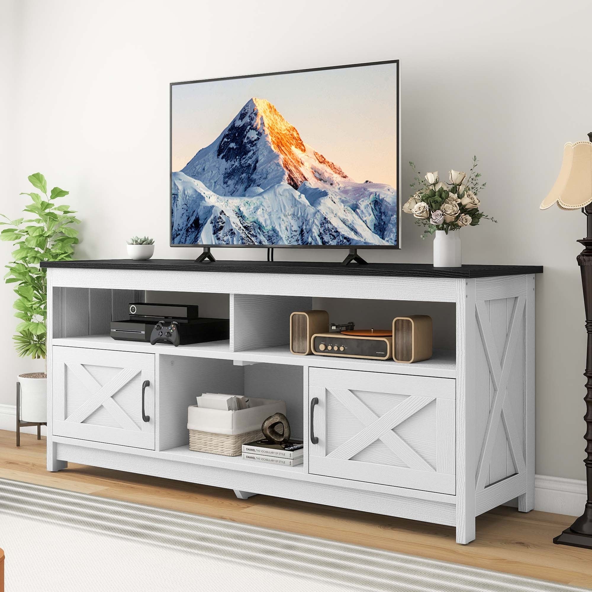 Black and White TV Stand Media Console TV Cabinet with Power Outlets for 55/ 65 Inch TV For Thanksgiving Christmas Day Gift