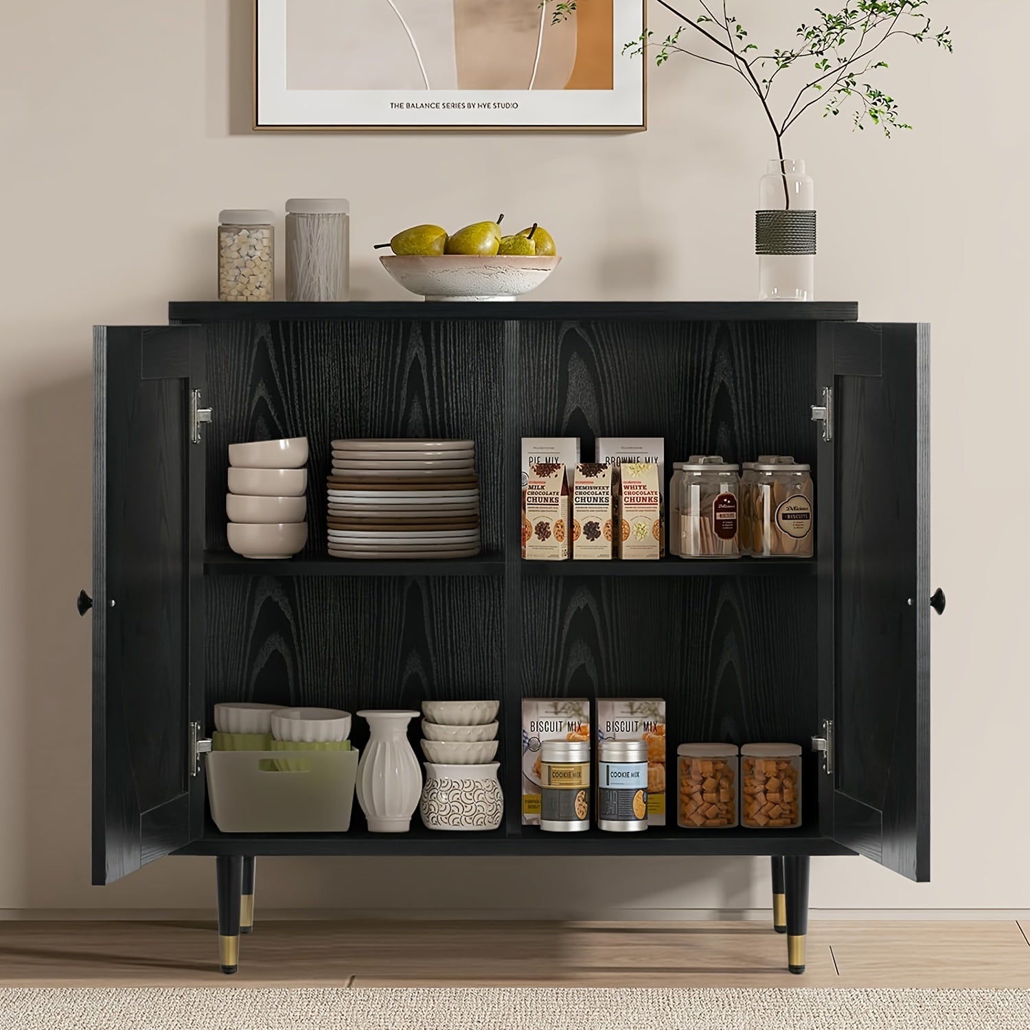 Black Sideboard Cabinet, Rattan Sideboard with Natural Rattan Doors, Black Rattan Console Table with Storage, Modern Accent Buffet Cabinet with Adjustable Shelves for Living Dining Room (Dimensions in cm)