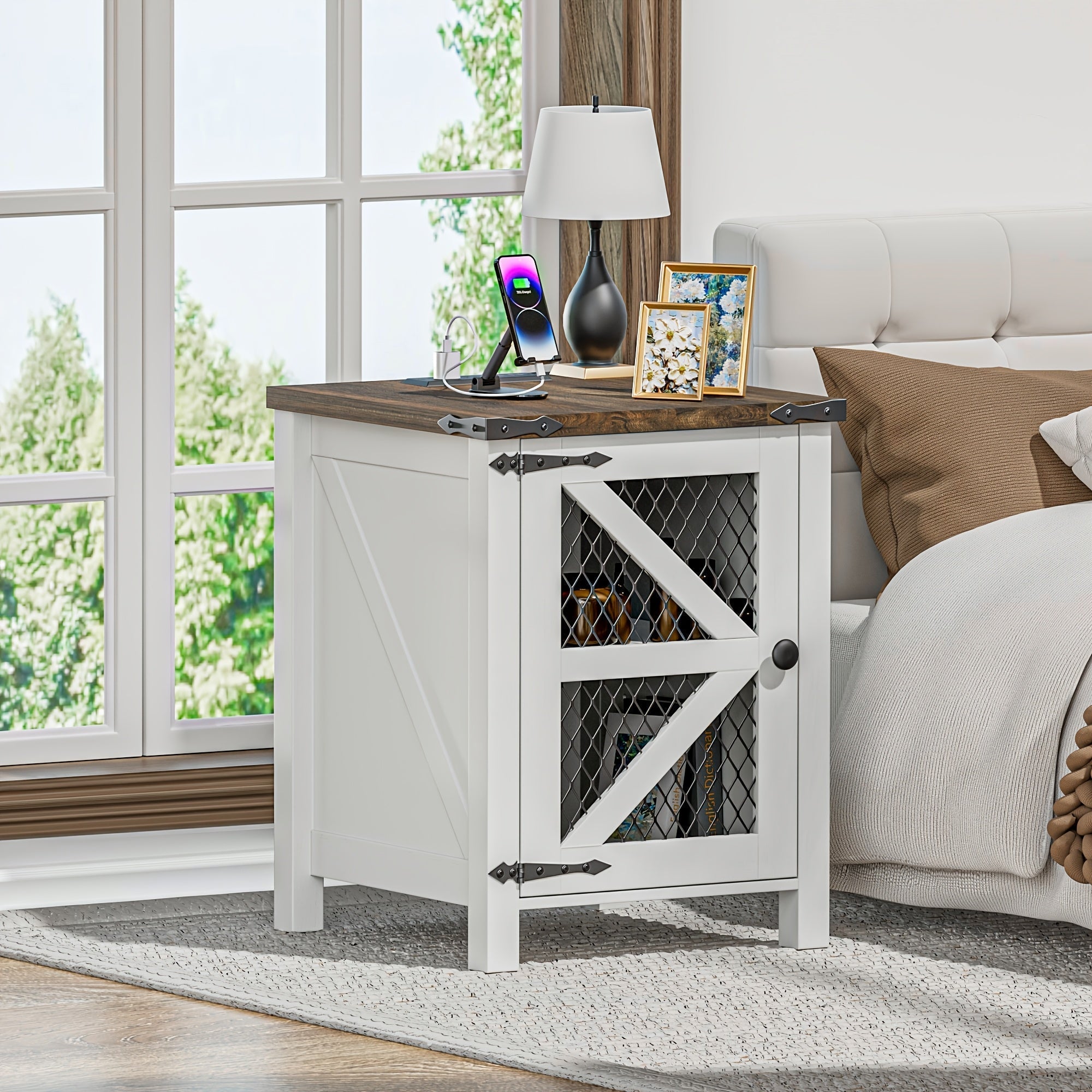 Chic 46cm Farmhouse Side Table with Charging Port - Rustic Wire Mesh Barn Door Design, White Nightstand with Adjustable Shelf for Bedroom & Living Room