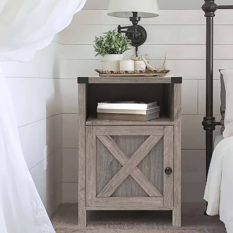 Farmhouse Nightstand, Rustic End Table with Barn Door and Storage Shelf, Bedside Tables Night Stand for Living Room Bedroom, 1 Piece