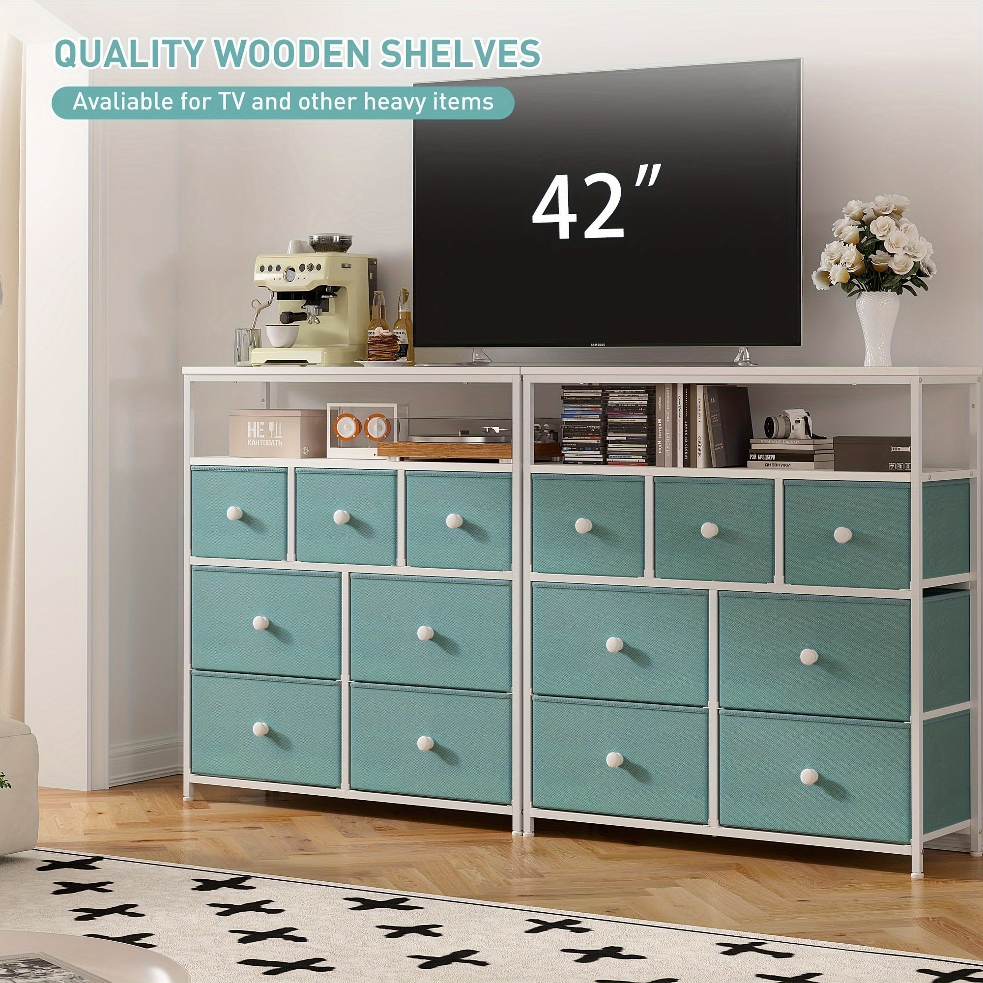 Dresser For Bedroom With 7 Drawers And 2 Shelves, TV Stand Dresser With Wooden Top And Metal Frame, Tall Dressers & Chest Of Drawers For Bedroom, Aqua