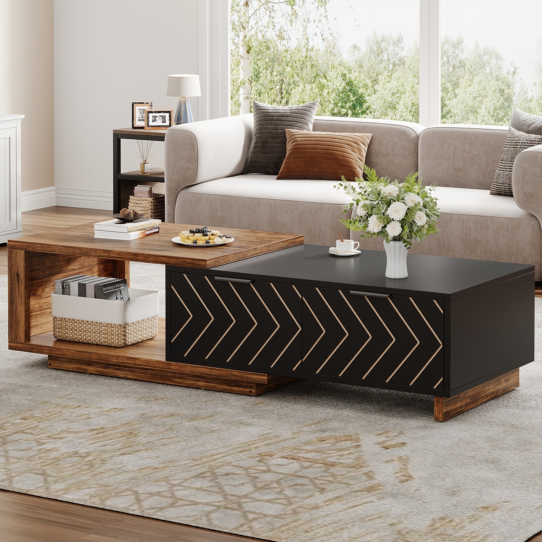 Versatile Dual-Tone Extendable Coffee Table - 106cm Adjustable, Reversible Wood Centerpiece with Spacious Storage Drawers for Living Room