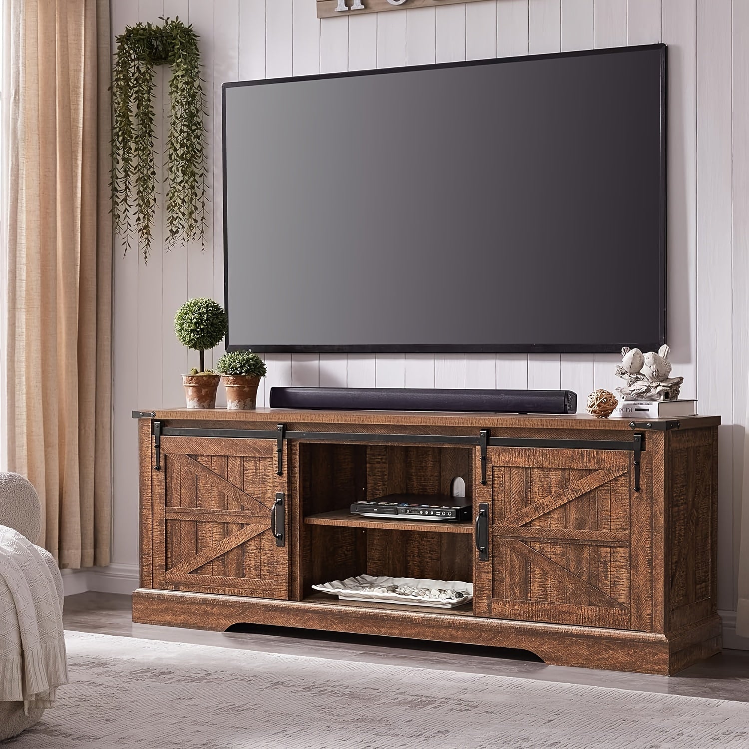 Farmhouse TV Stand for 75 Inch TV, Rustic Entertainment Center w/Sliding Barn Door Wood Media Console Cabinet 66 Inch Long Television Stands for 70 Inch TVs