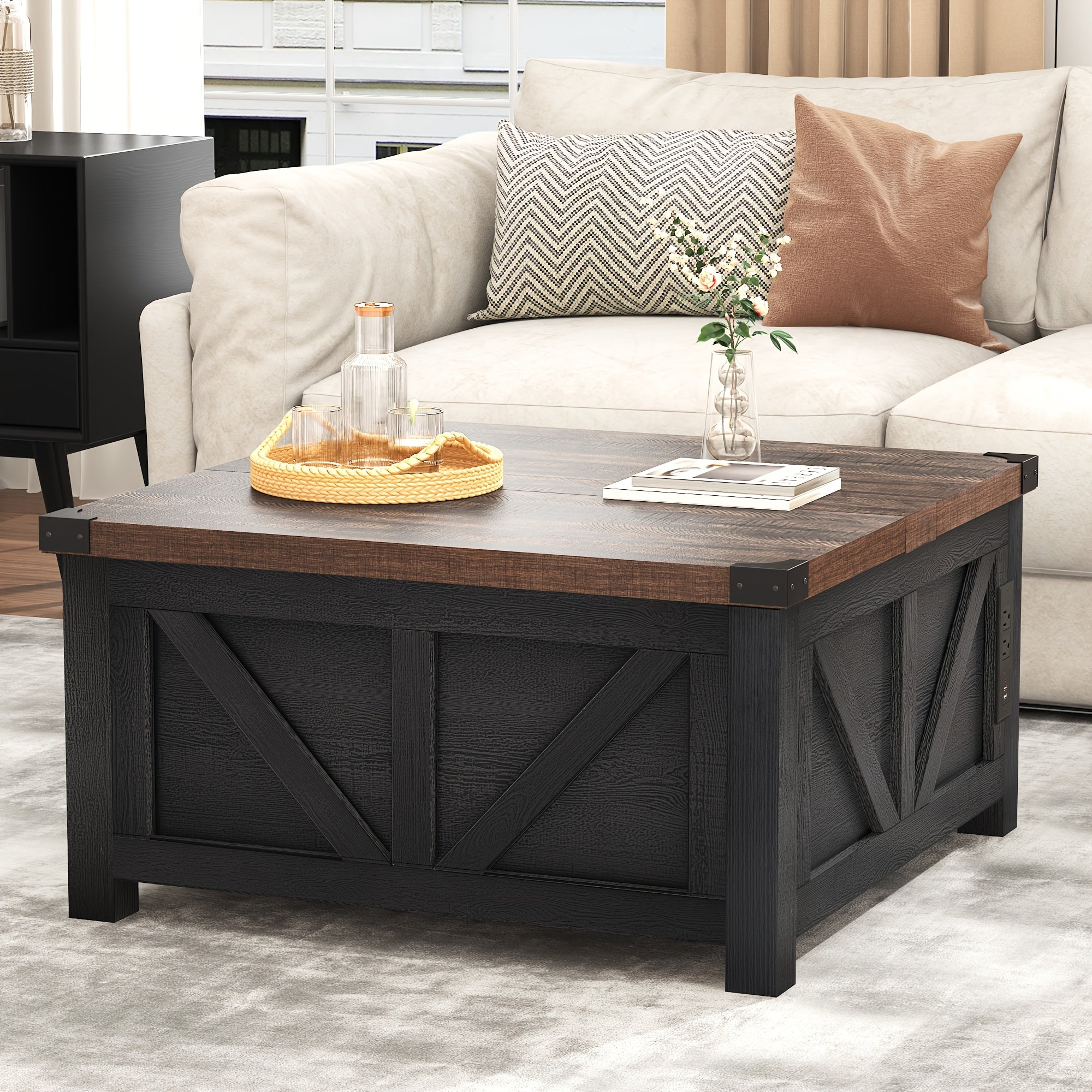 Farmhouse Lift Top Coffee Table With Power Outlets And Large Hidden Storage, Square Wood Living Room Tables, Multi-Function Lift Wooden Barn Door Center Table