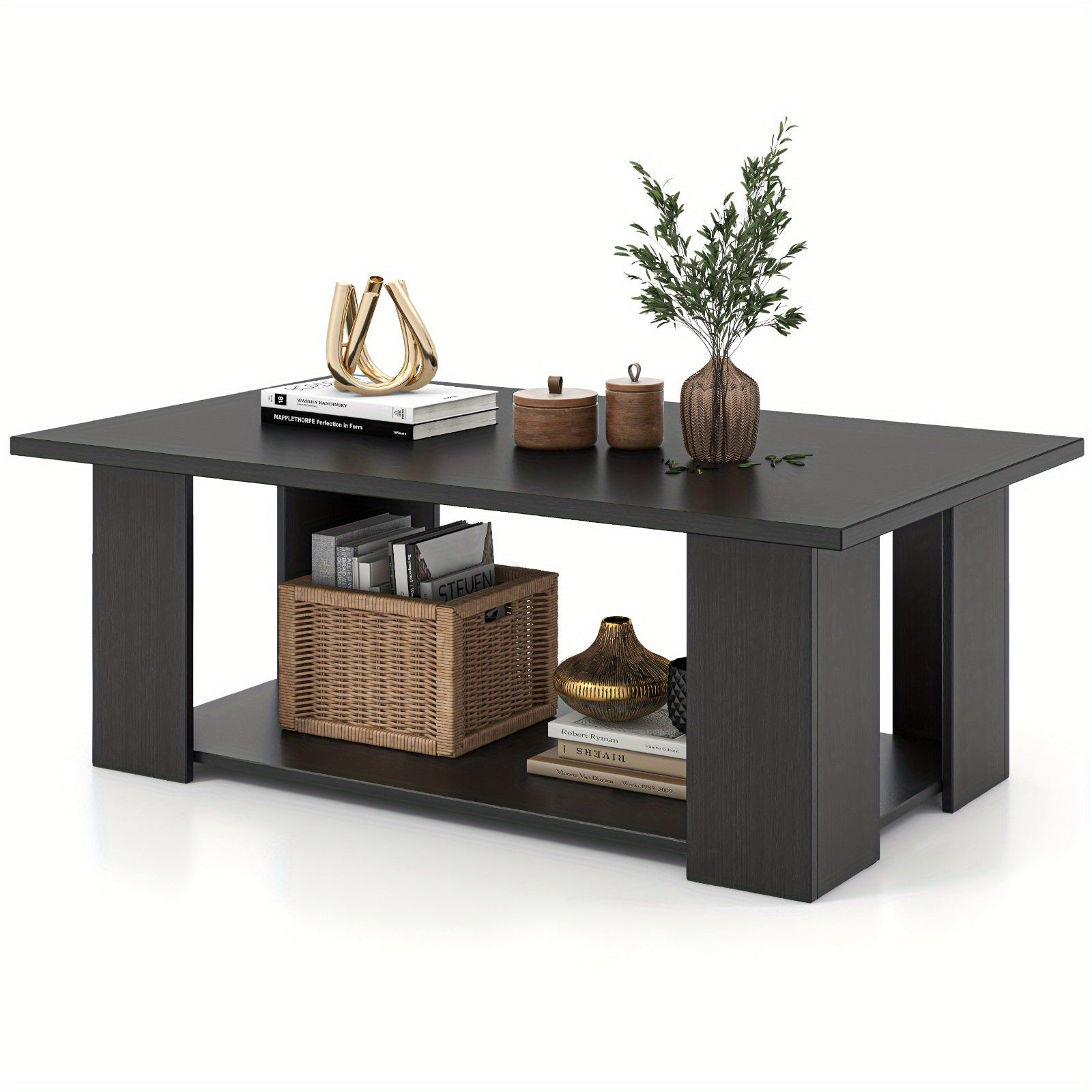 Elegant 2-Tier Coffee Table with Storage Shelf - Modern Center Cocktail Table for Living Room, Durable Hardwood Construction