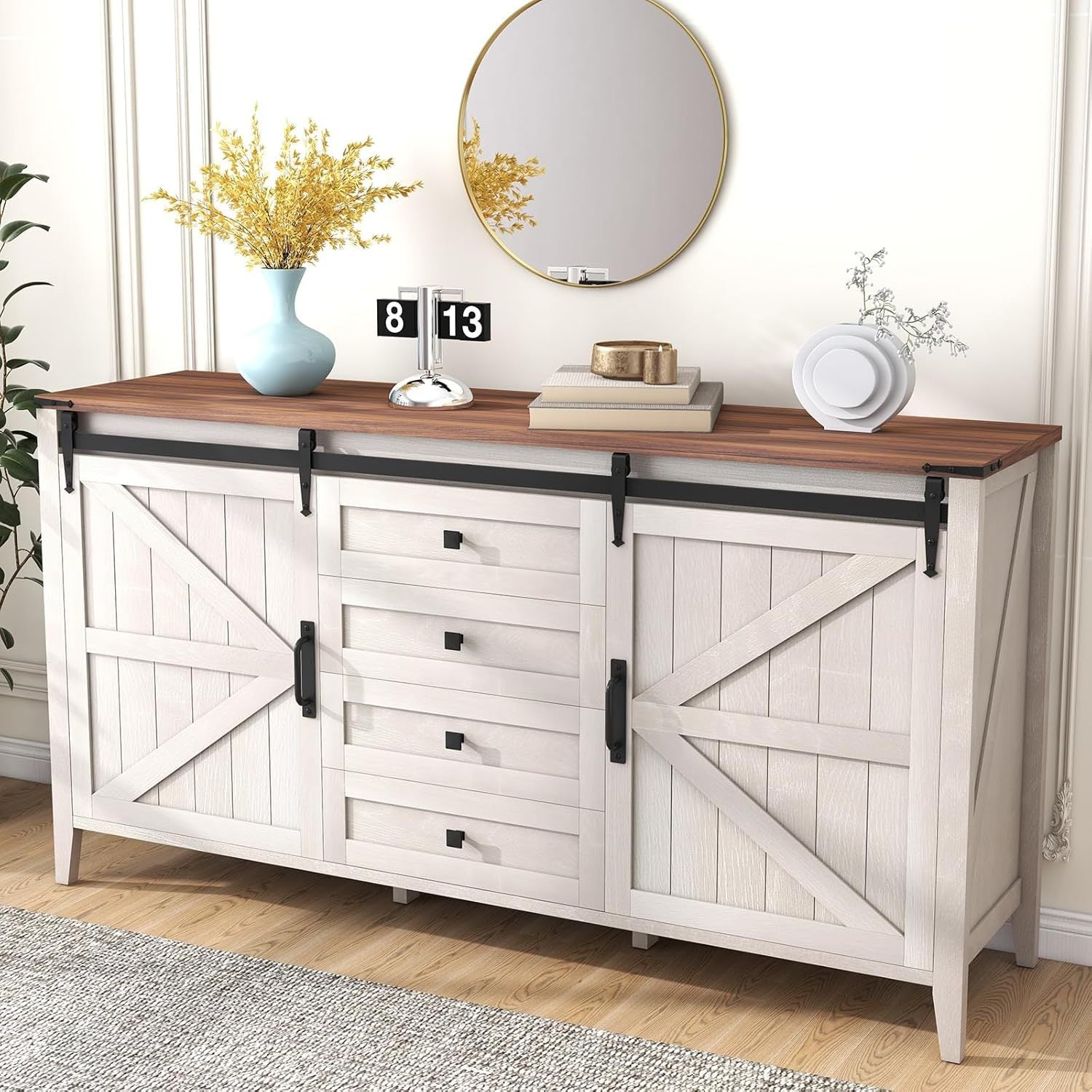 152cm Farmhouse 4 Drawers Dresser for Bedroom with Sliding Barn Doors, Natural Texture Wood Rustic Chest of Drawers for Living Room Bedroom Hallway Driftwood Gray