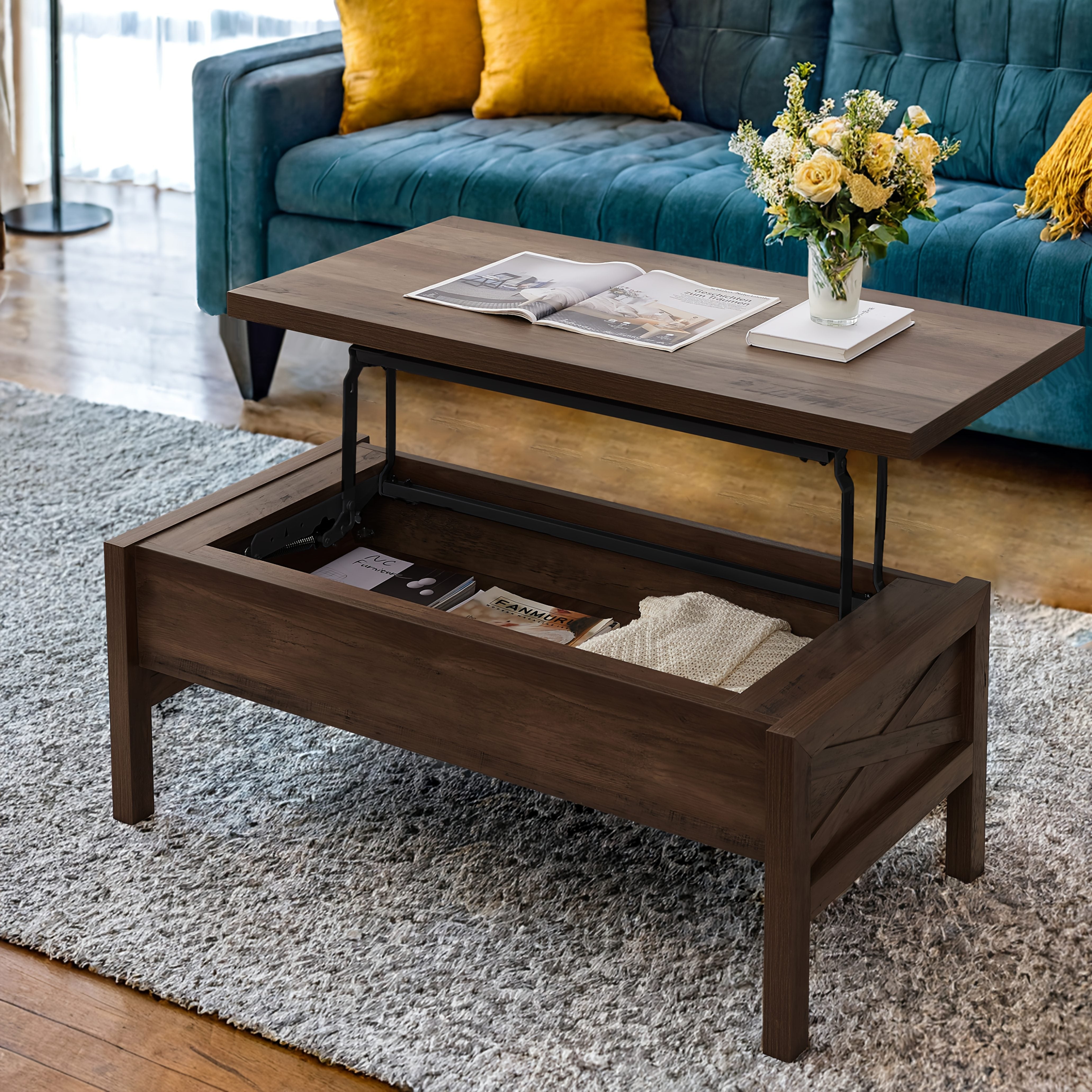 Lift Top Coffee Table with Hidden Compartment, Storage Coffee Table with Lift Top, Farmhouse Wood Lift Top Coffee Table for Living Room, Easy Assembly