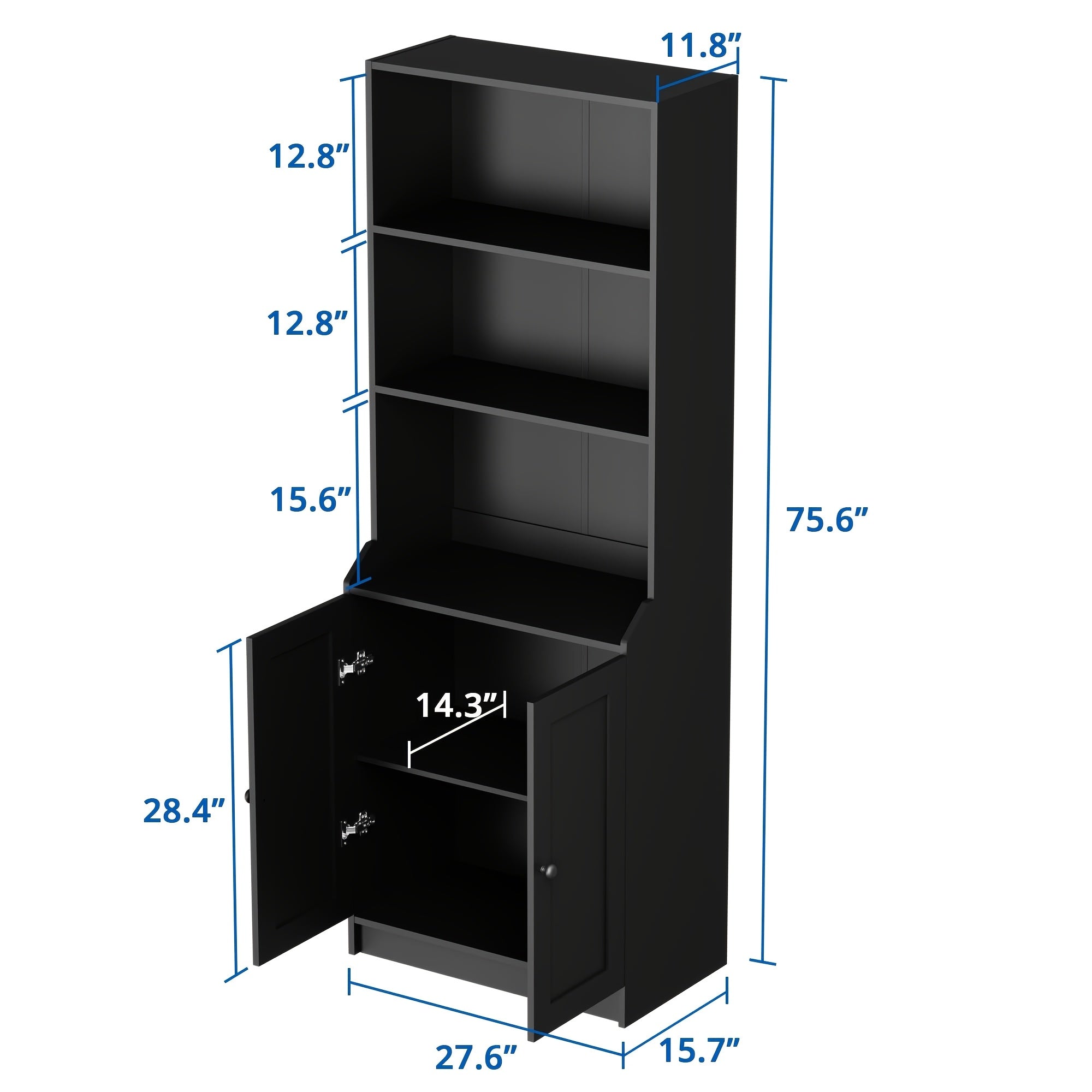 Modern 190cm Tall Bookcase with Doors - Versatile 5-Tier Floor Standing Bookshelf with Adjustable Shelves & Storage Cabinet for Living Room, Office, Bedroom - Black/White/Oak, UTTU, 27.6" W X 15.7" D X 75.6" H