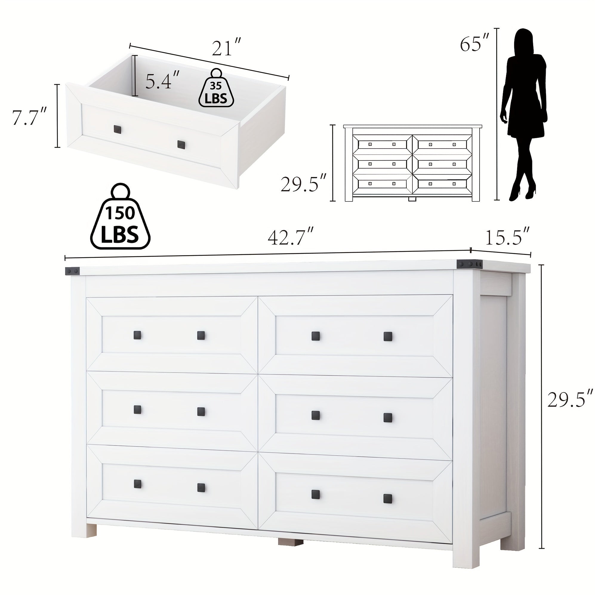 Wooden Dresser for Bedroom with 6 Drawers, Modern Chest Of Drawers, Wide TV Stand with Large Capacity for Closet, Living Room, Hallway