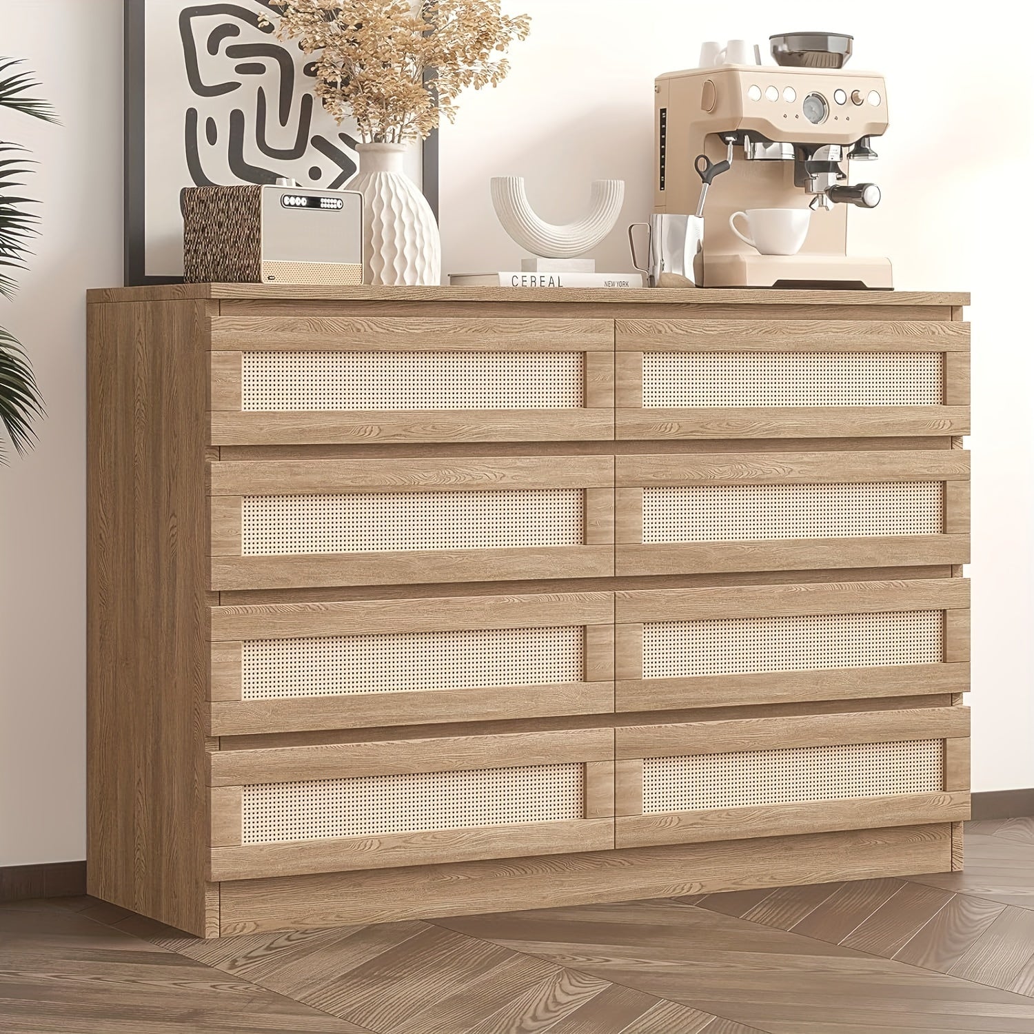 6/8-drawer rattan chest of drawers, easy to assemble, suitable for living room/bedroom/office, wooden