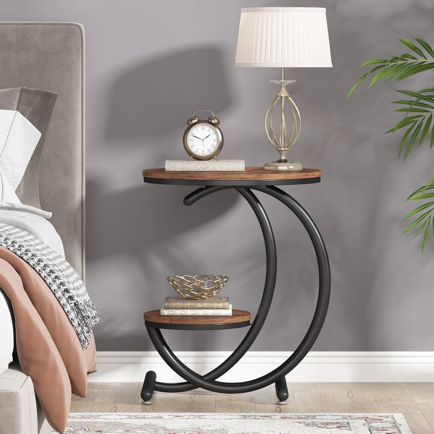 Modern Faux Marble Round End Table with Storage Shelf - Elegant Golden Accent Nightstand for Living Room & Bedroom, Available in Brown/Black