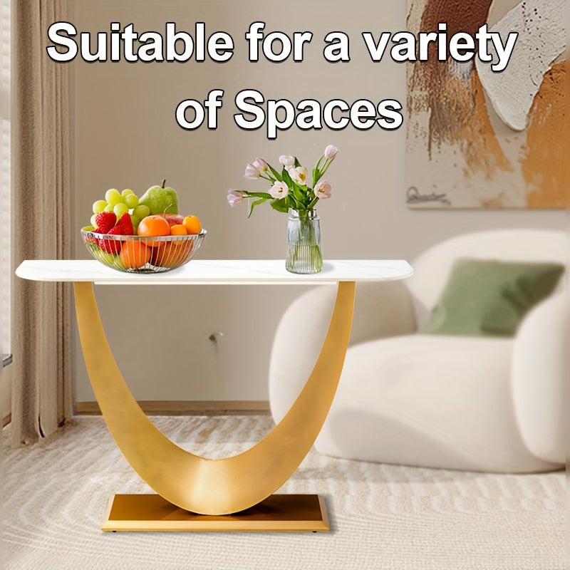 Modern Entryway Table, 120 cm Sintered Stone Narrow Entrance Sofa Table, Moon Shape Design Decorative Table with Metallic Golden Base, Luxury Entryway Table for Hallway Living Room Bedroom