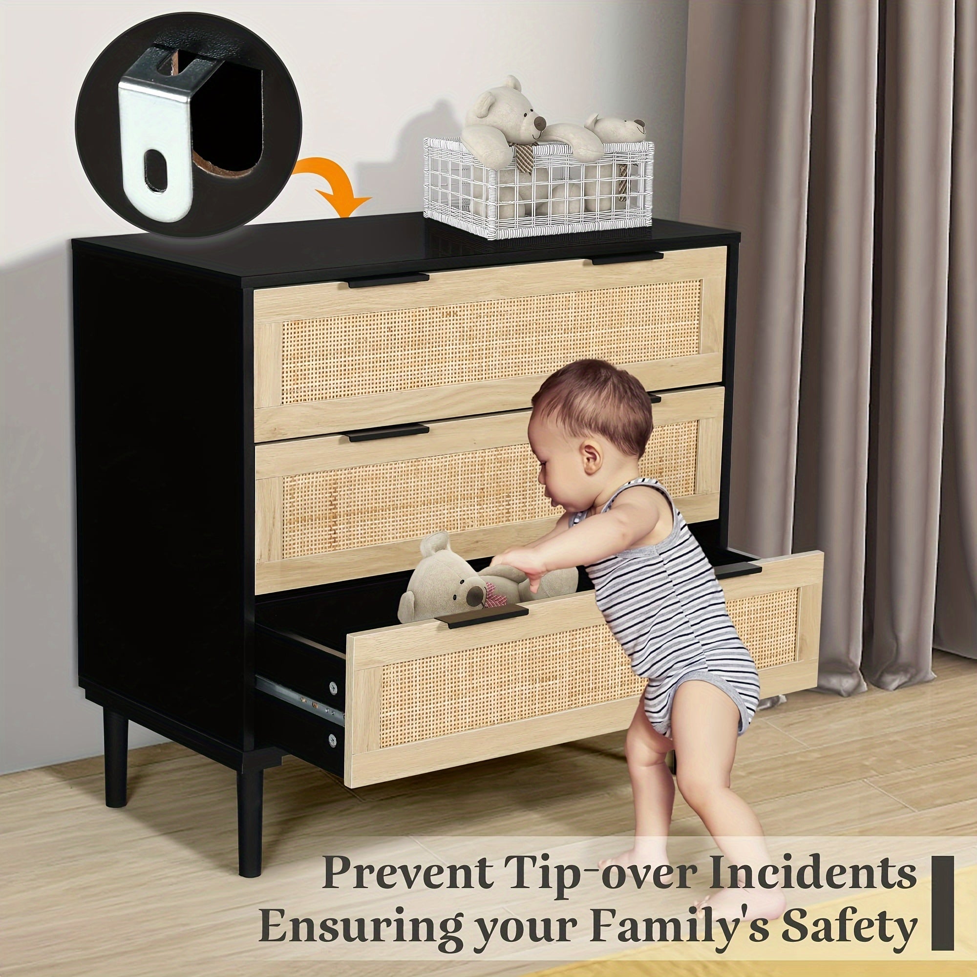 3 Drawer, Rattan Dresser Modern Closet Dressers Chest Of Drawers, Wood Black Storage Chest For Kids, Hallway, Living Room