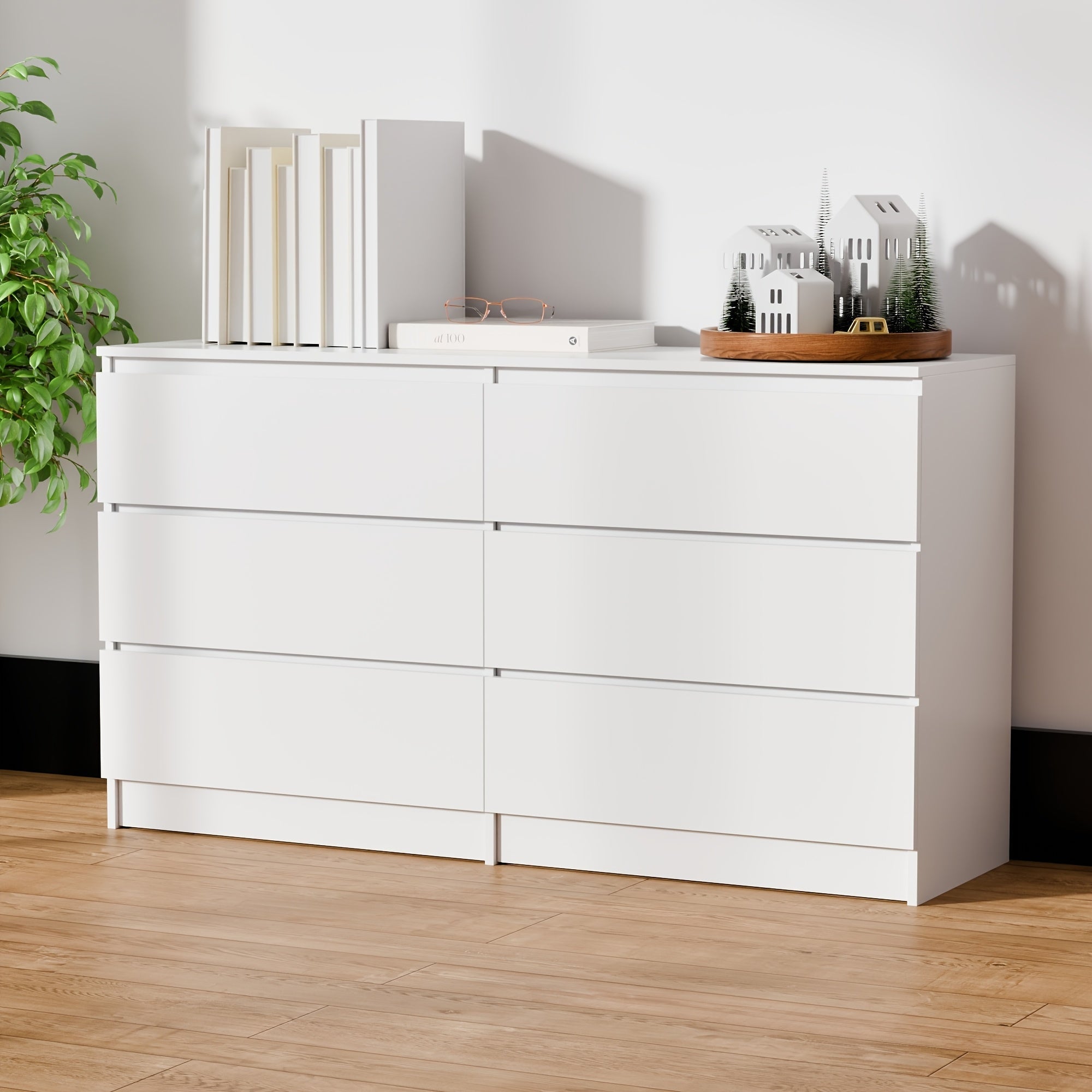 Modern 6-Drawer Wooden Cabinet - Versatile Sideboard, Buffet, Kitchen & Coffee Bar Organizer with Spacious Storage - Easy Clean, Available in White/Black/Oak