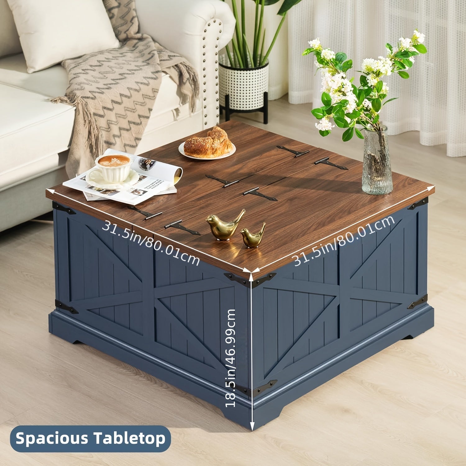 Farmhouse Coffee Table With Large Hidden Storage Compartment, Navy Blue Square Center Table, Wood Rustic Low Modern Living Room Tables With Hinged Lift Brown Top & Wooden Arc Base