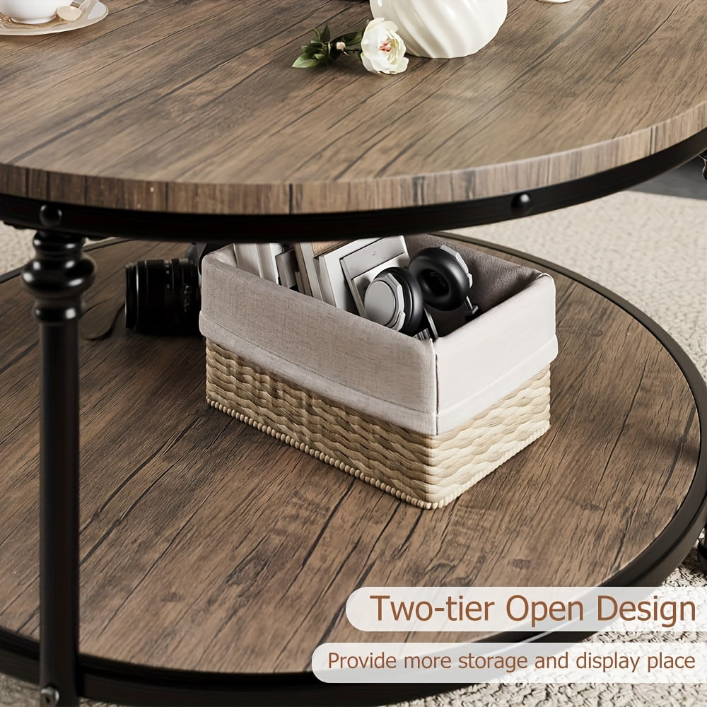 Round Coffee Table Rustic Center Table With Storage Shelf 2-Tier Industrial Accent Center Table Wood Circle Coffee Table With Sturdy Metal Legs, Easy Assembly