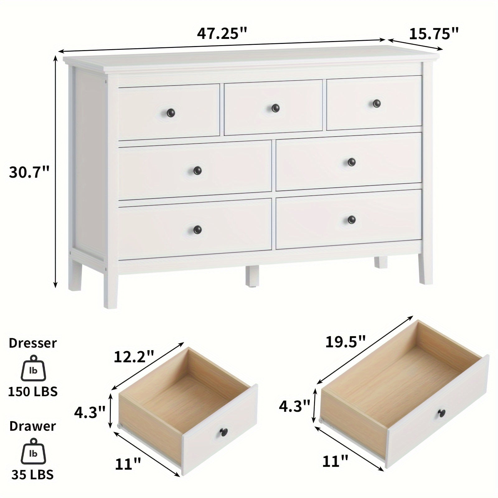 Dresser for Bedroom, 7 Drawer Dresser with Wide Drawers and Metal Handles, Gold Modern Dressers & Chests of Drawers for Hallyway, Entryway.