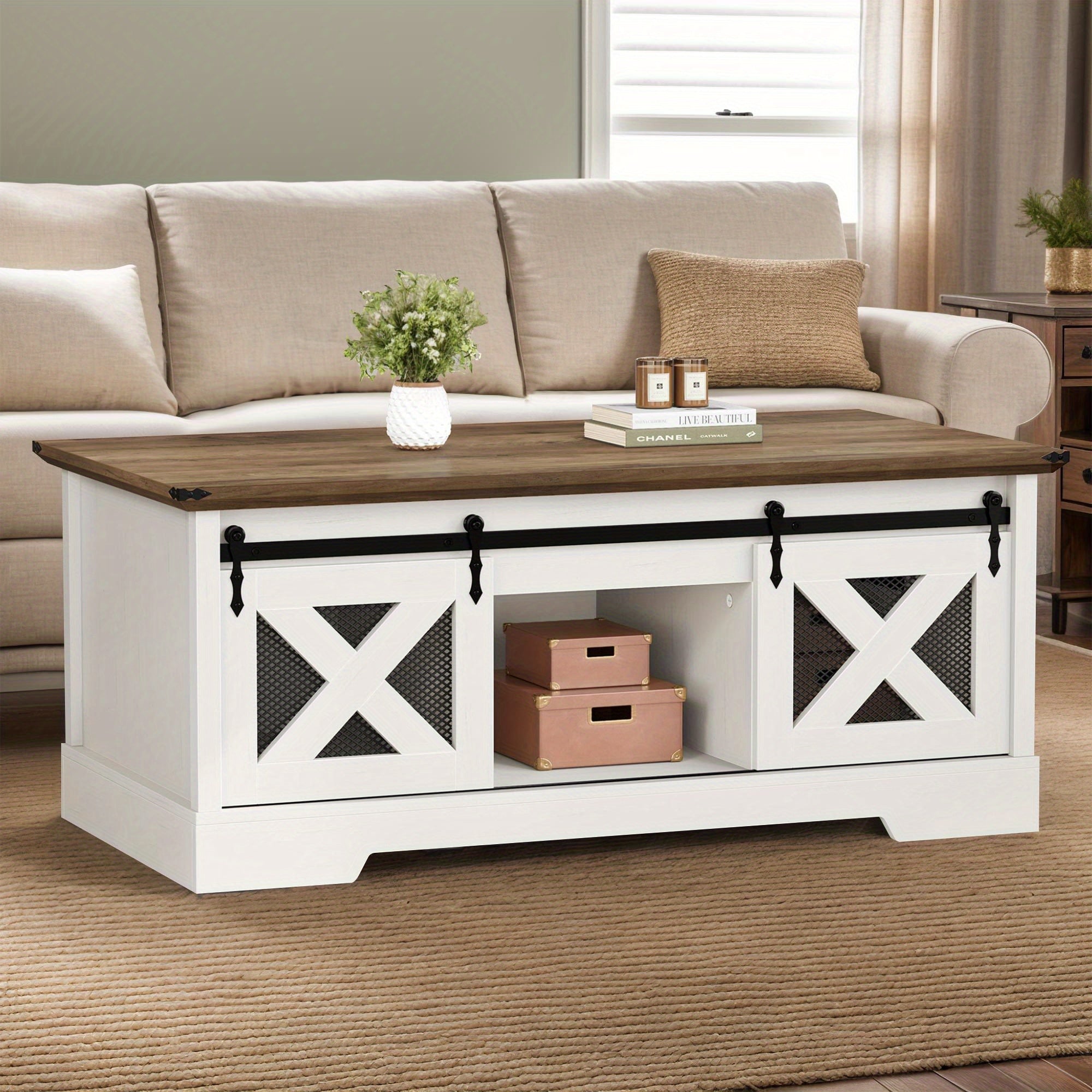 Top Farmhouse Coffee Table with Storage, Rustic Living Room Center Console in White and Brown, Thanksgiving Christmas Halloween Day Gift