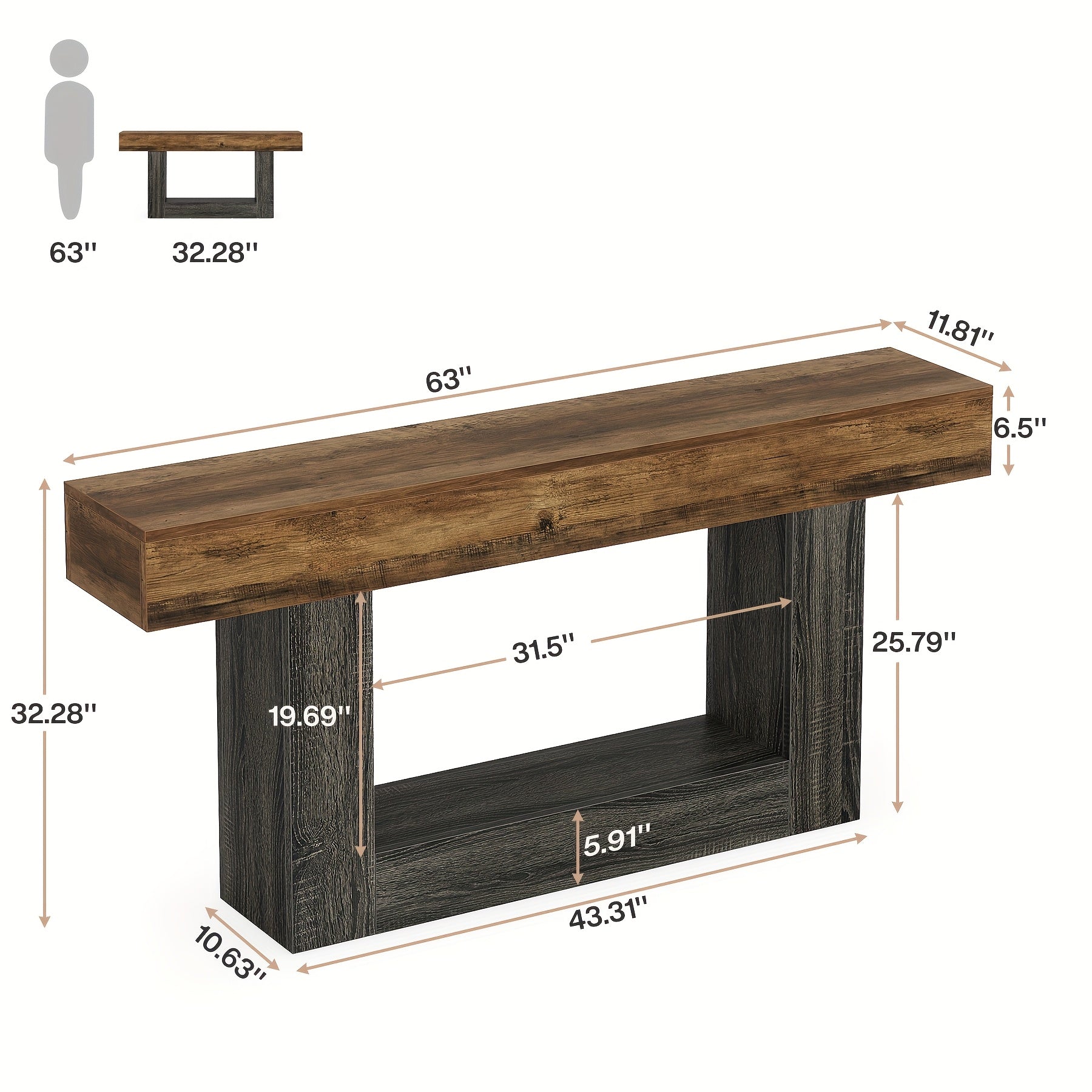 160 cm Narrow Long Console Table With Storage, Farmhouse 2-Tier Entryway Table With U-Shaped Base, Vintage Wood Sofa Table Behind Couch Table For Living Room, Hallway, Foyer, Rustic Brown And Grey