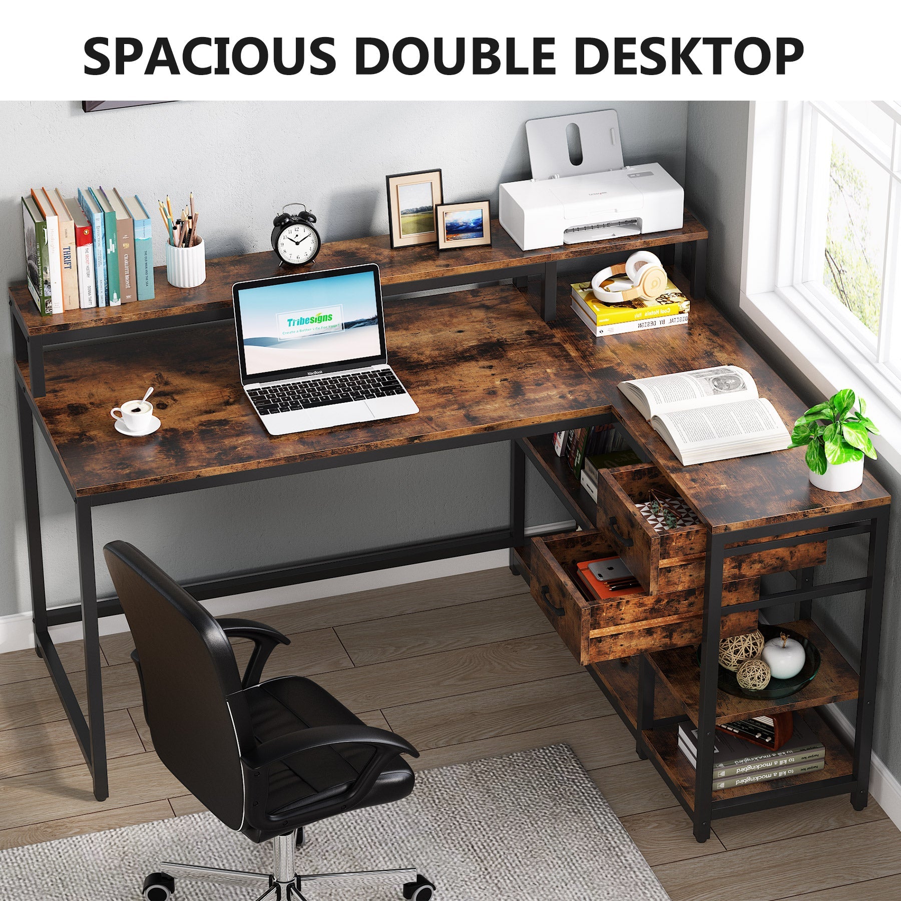 Reversible L-Shaped Desk, Industrial Corner Desk with Drawer & Shelves (Dimensions in cm)