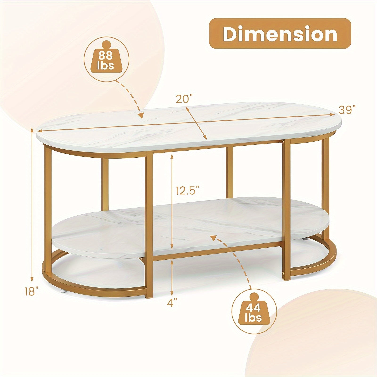 1pc White Marble Coffee Table, Modern 2-Tier Center Table With Metal Frame And Open Storage Shelf, 39x20x18 Inches, For Contemporary Living Room Decor