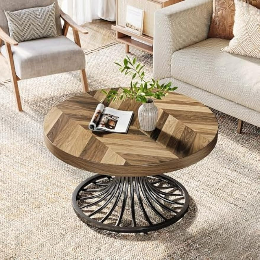 Round Coffee Table for Living Room, 82cm Small Wood Coffee Table with Stylish Metal Pedestal, Industrial Wooden Accent Center Table for Small Spaces, Home Office, Rustic Brown and Black