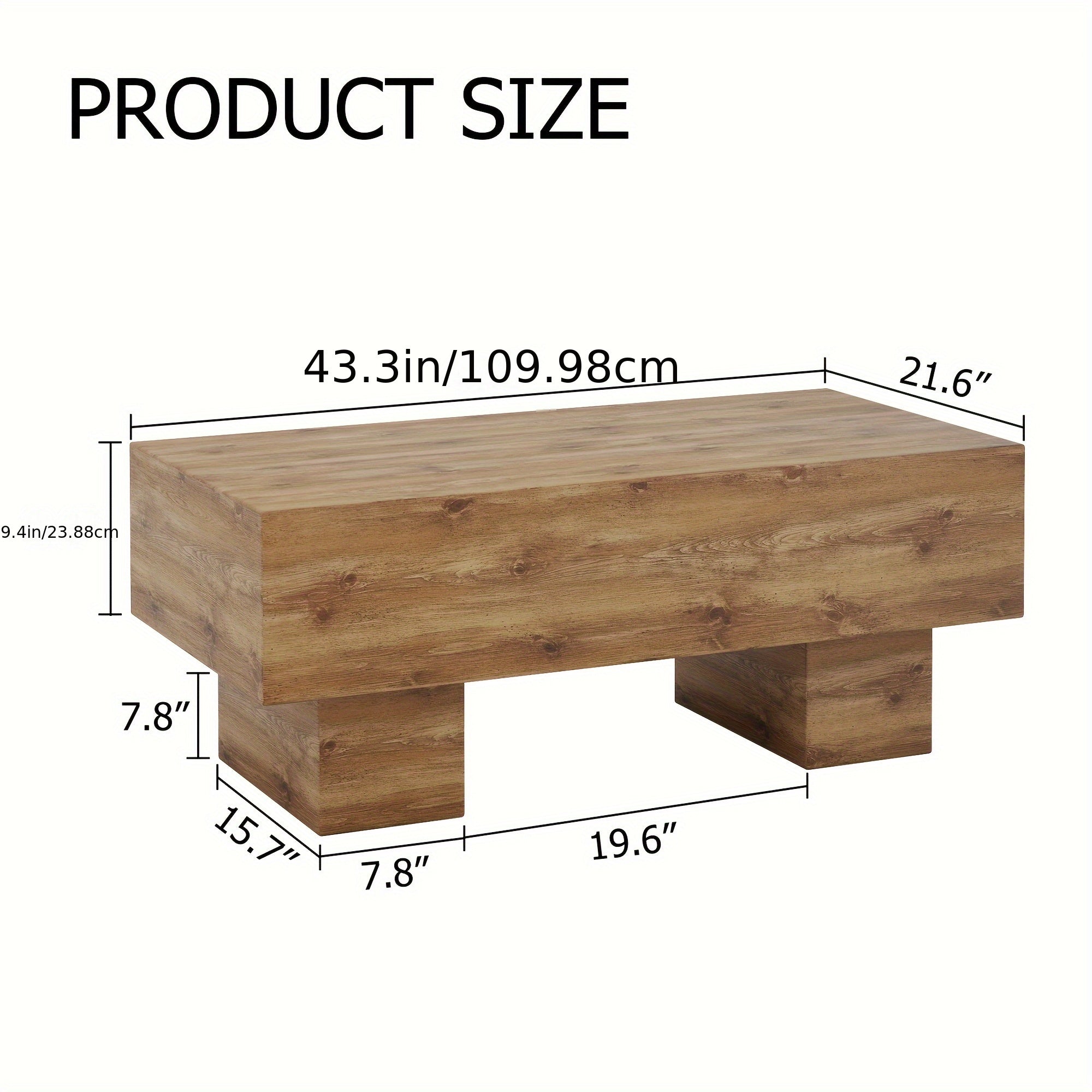 Farmhouse Coffee Table Modern MDF Rectangular Living Room Table Wood MDF Top Rustic Large 43.3 Inch Center Cocktail Tables (Brown)