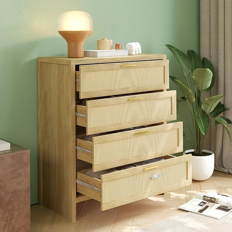 4 Drawer Dresser for Bedroom, Rattan Modern Wooden Dresser Chest with Golden Handles,, Wood Storage Cabinet, Beside Table for Closet, Living Room and Entryway, Natural