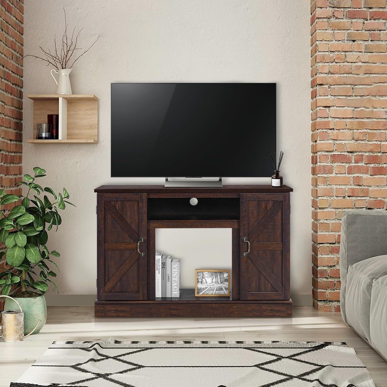 120cm TV Stand Suitable For TV Size up to 65", Entertainment Center with Two Barn Doors and Storage Cabinet, Media TV Console Table for Living Room