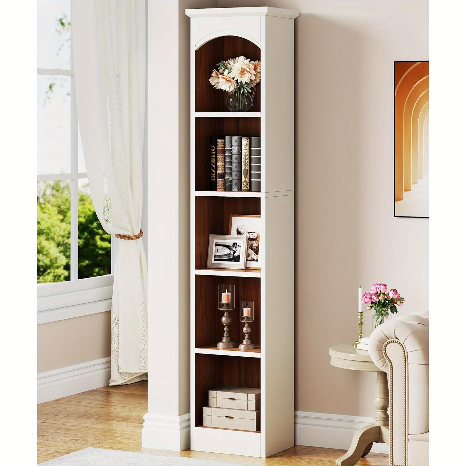 Tall Narrow Bookcase, Multi-Tier Cube Bookshelf with Storage, Modern Slim Corner Display Shelves for Home Office, Living Room