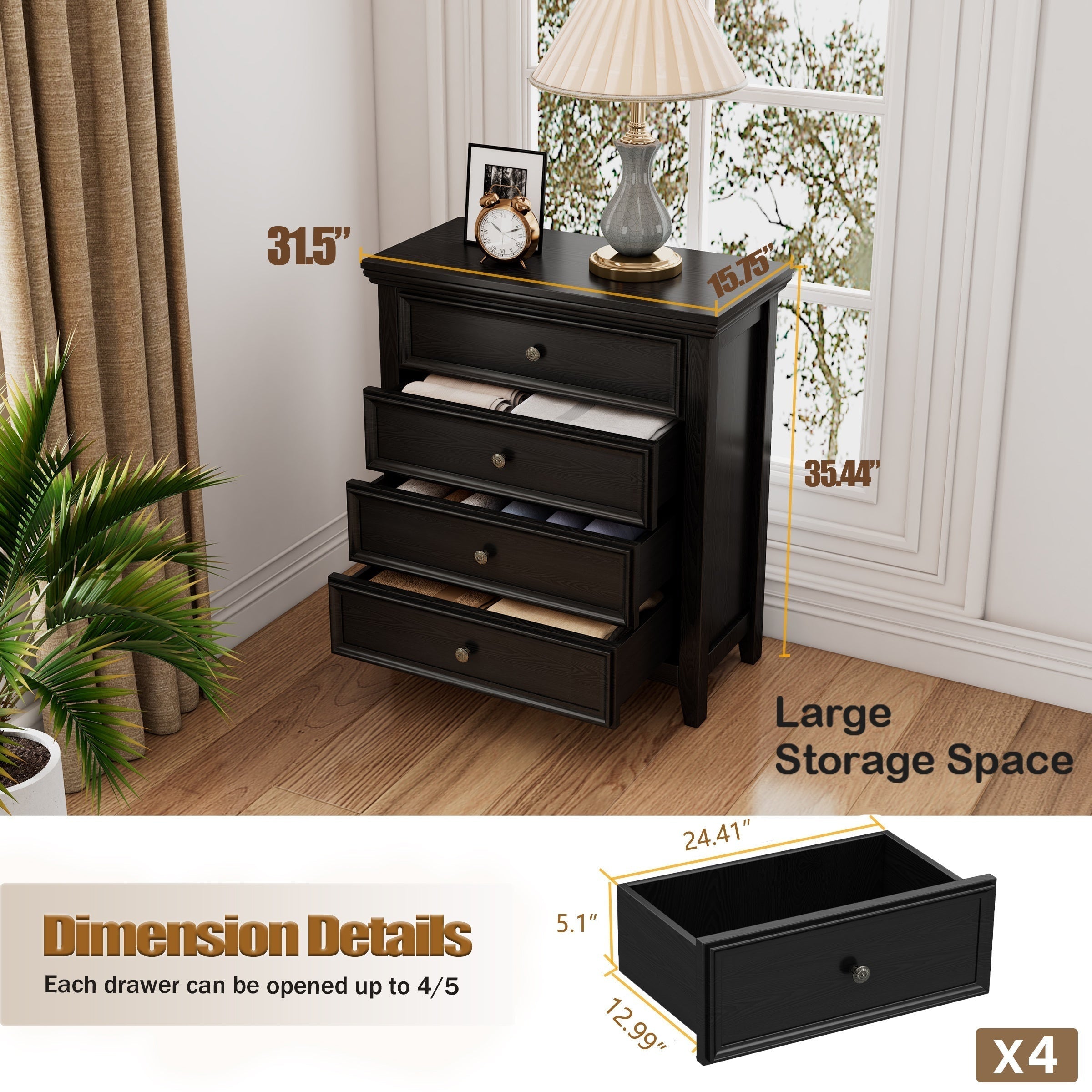 Dresser For Bedroom, Black Dresser, Chest Of Drawers, Black Nightstand, Modern Drawer Dresser Rustic Style Storage Cabinet For Living Room, Home Office