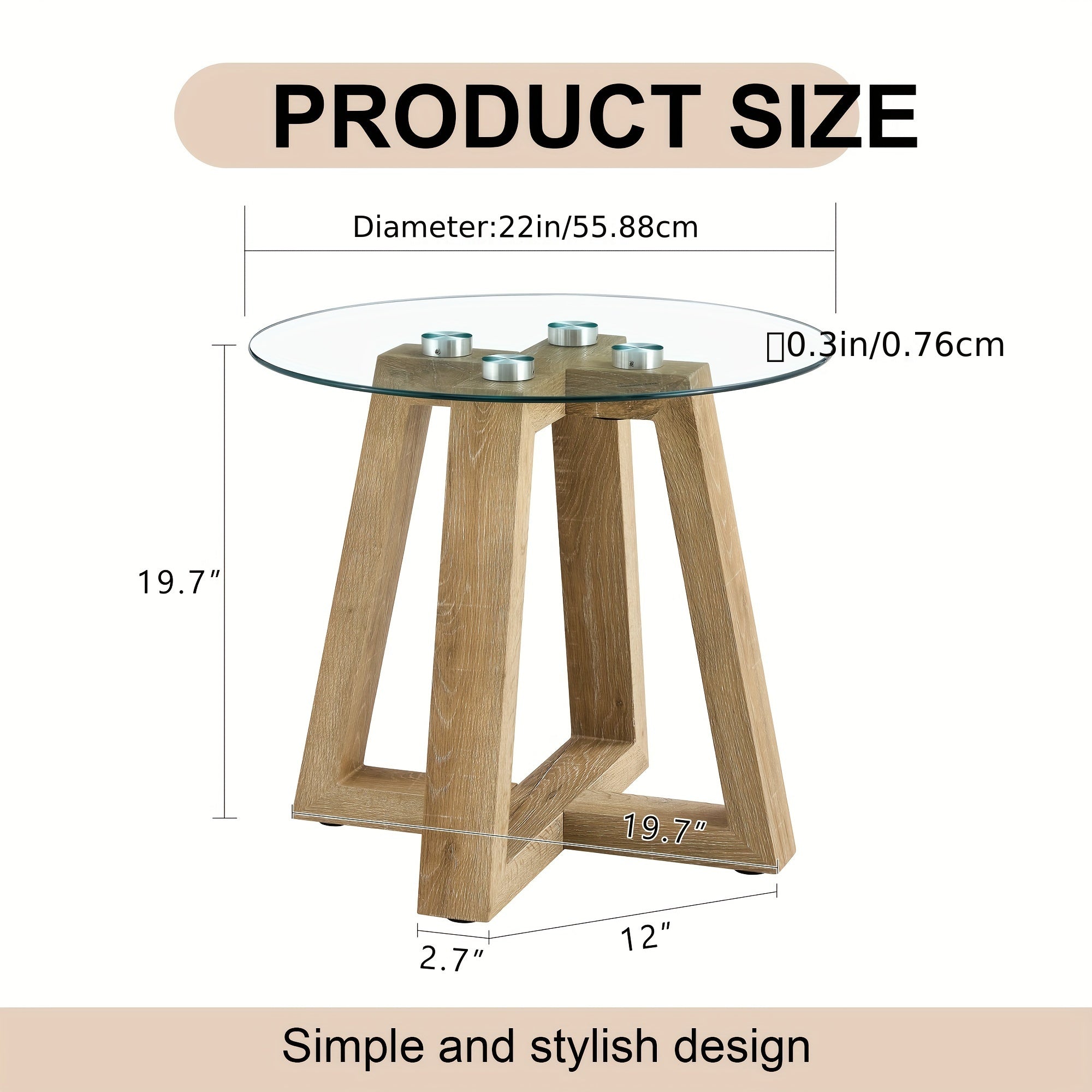 56cm Tempered Glass Small End Table, Minimalist Round Side Table, Mid-Century Modern End Side Table for Living Room Bedroom Small Spaces Office, with wood-coloured Legs, furniture for home clearance, home decor, lo