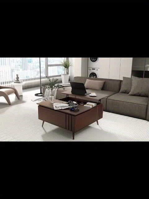 Contemporary Oak Finish Wood Coffee Table with Storage Lift-Top by Homary - Engineered Wood Construction, Hidden Compartments and Shelves