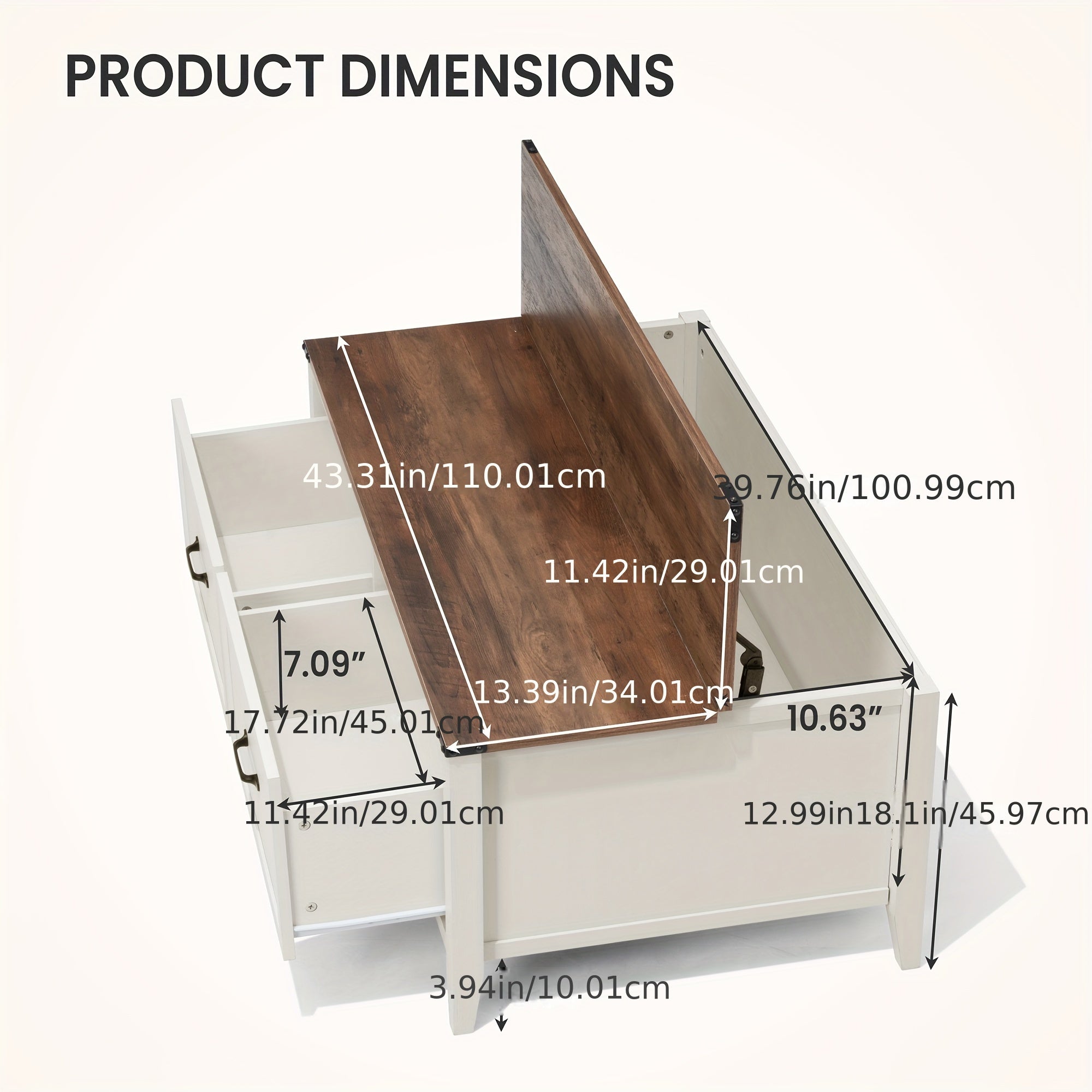 Farmhouse Coffee Table, 110cm Hinged Lift Top Wood Center Table with Large Hidden Storage & 2 Drawers for Living Room