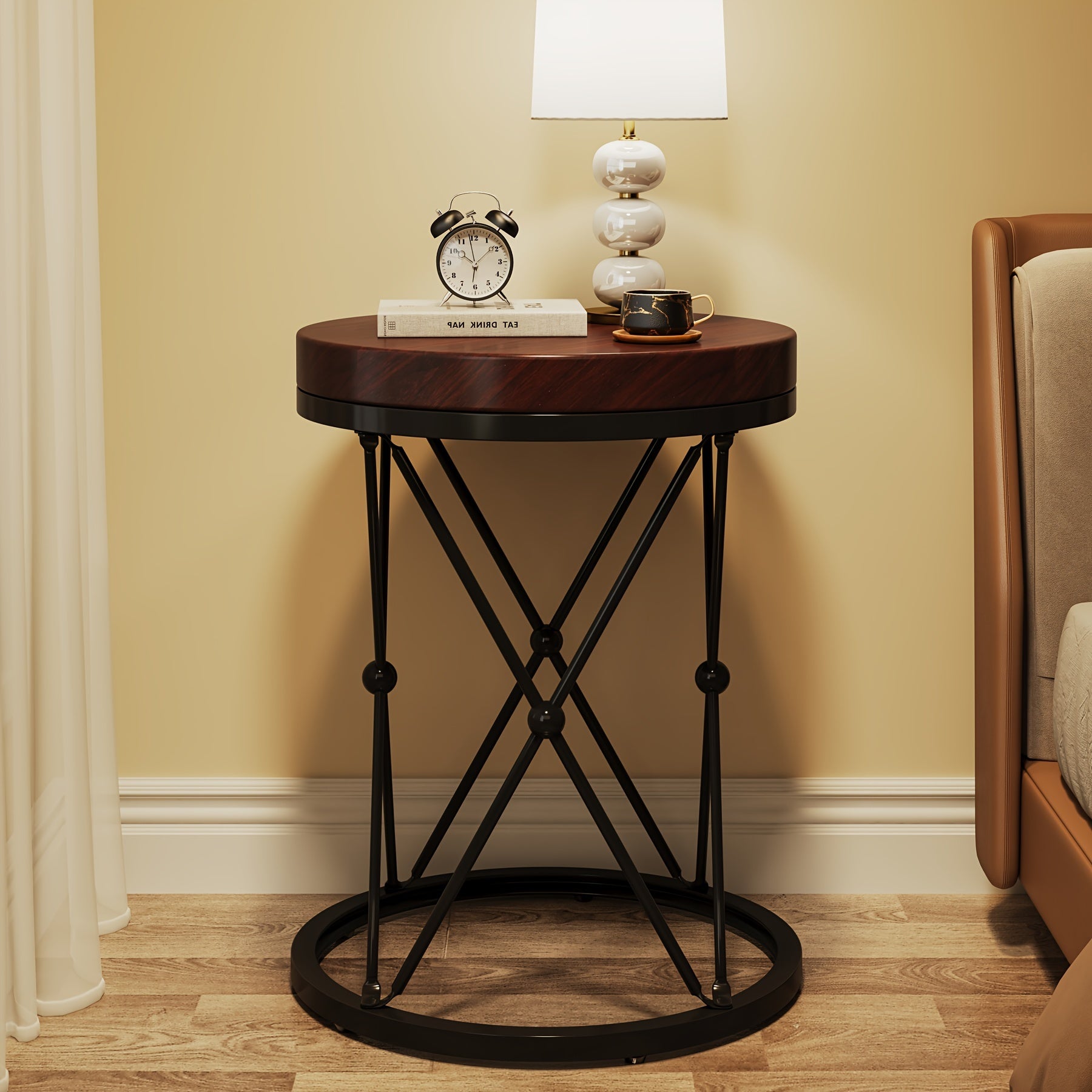 50cm Round End Table, Modern Sofa Side Table With X-Shaped Base, Wooden And Metal Cocktail Table Accent Table Nightstand For Living Room Bedroom