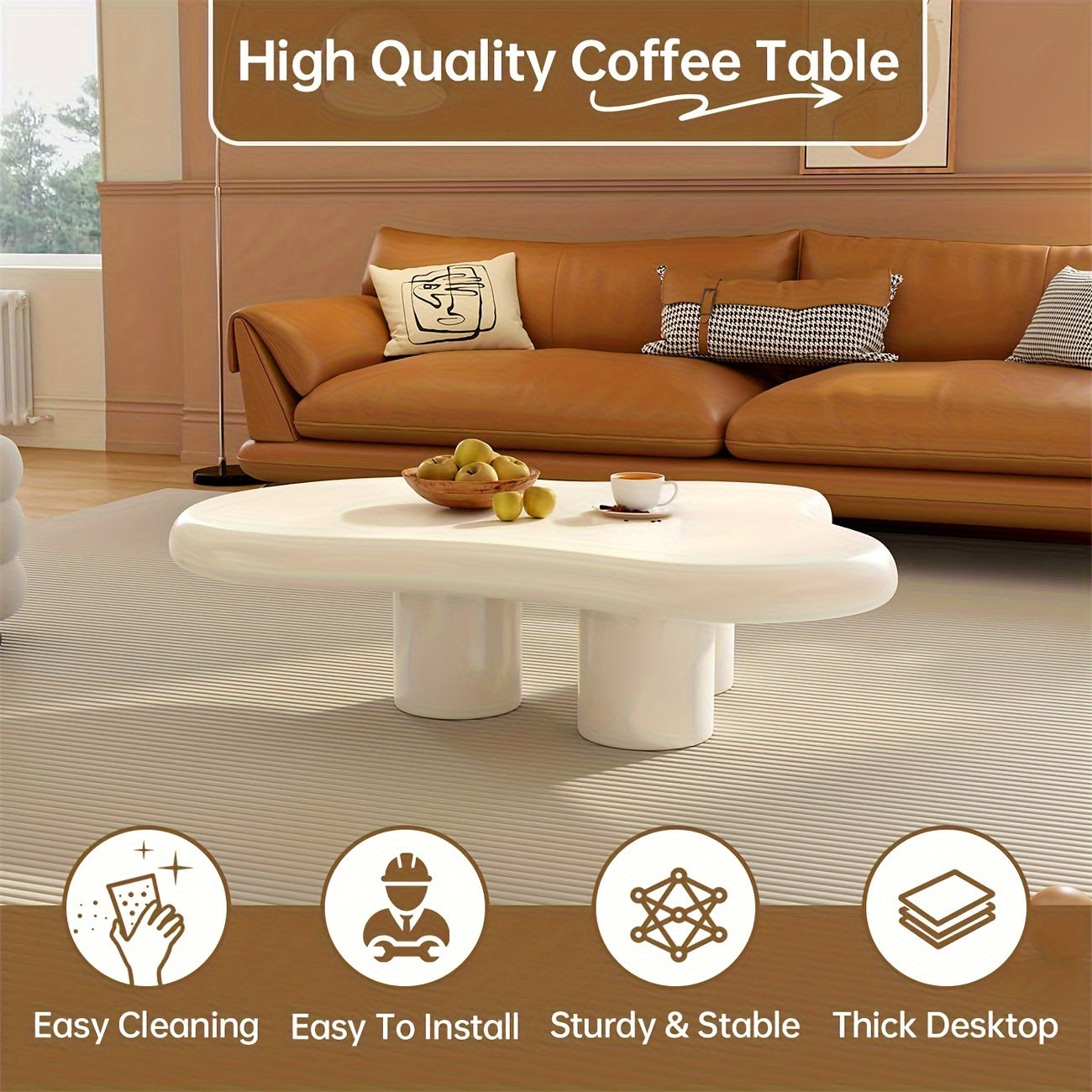 Cream White Coffee Table, Cloud-Shape Cute Coffee Table With 3 Short Legs, Modern Live Round Edge Coffee Table, Funky Minimalist Living Room Low Coffee Table For Sitting On The Floor